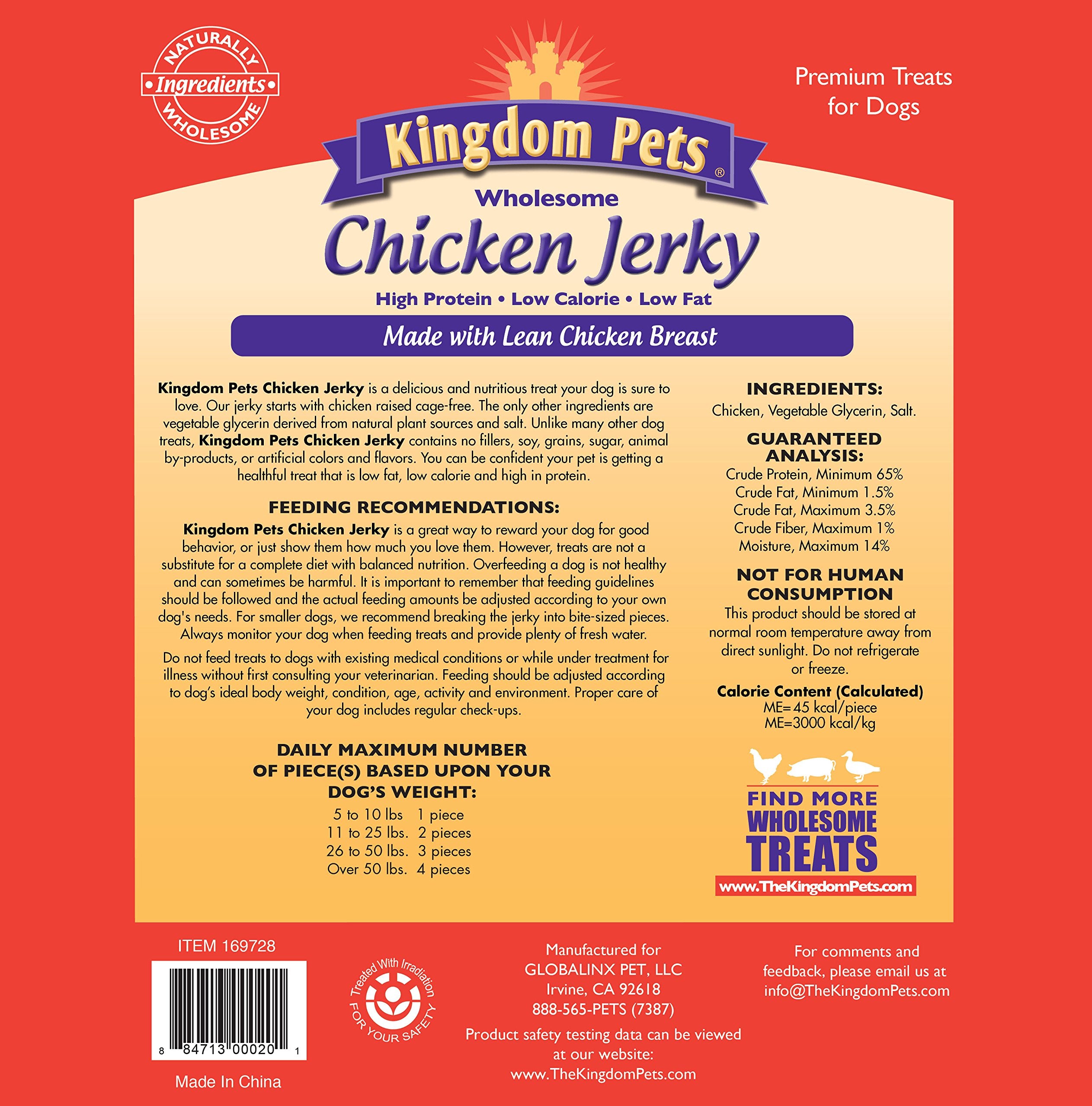 Kingdom Pets chicken jerky label shows grain-free formula for training rewards.