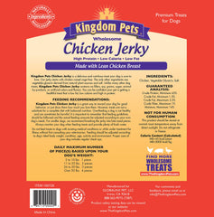 Kingdom Pets chicken jerky label shows grain-free formula for training rewards.