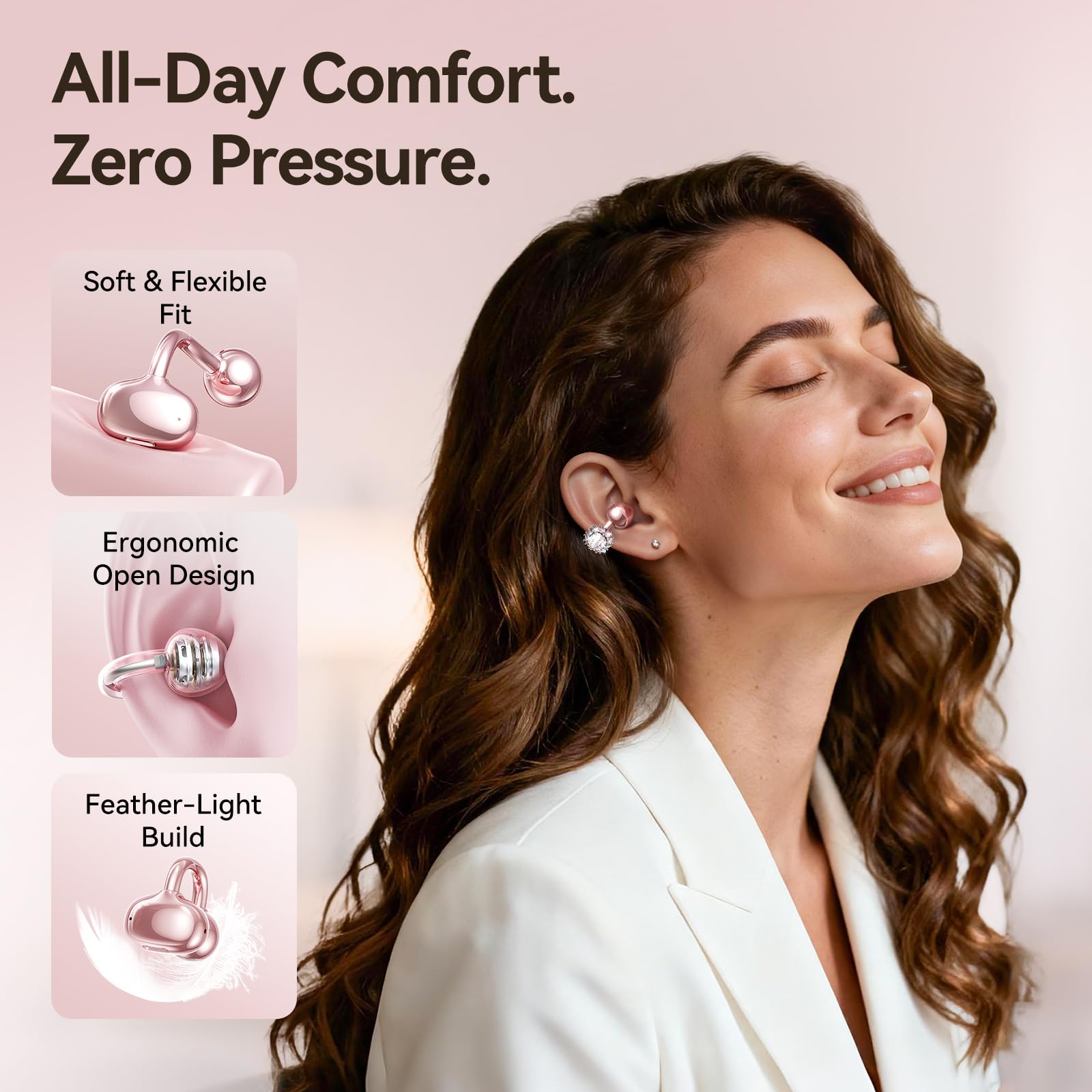 Kinglucky ClipFree lightweight clip design reduces ear pressure for glasses wearers.
