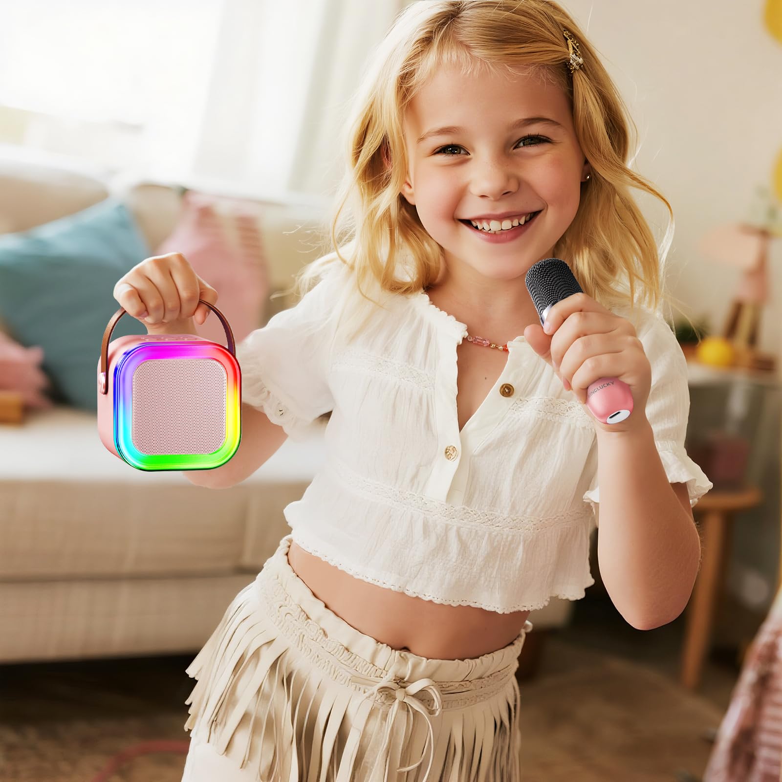 Kinglucky mini karaoke pink color appeals to kids for a cheerful music corner.