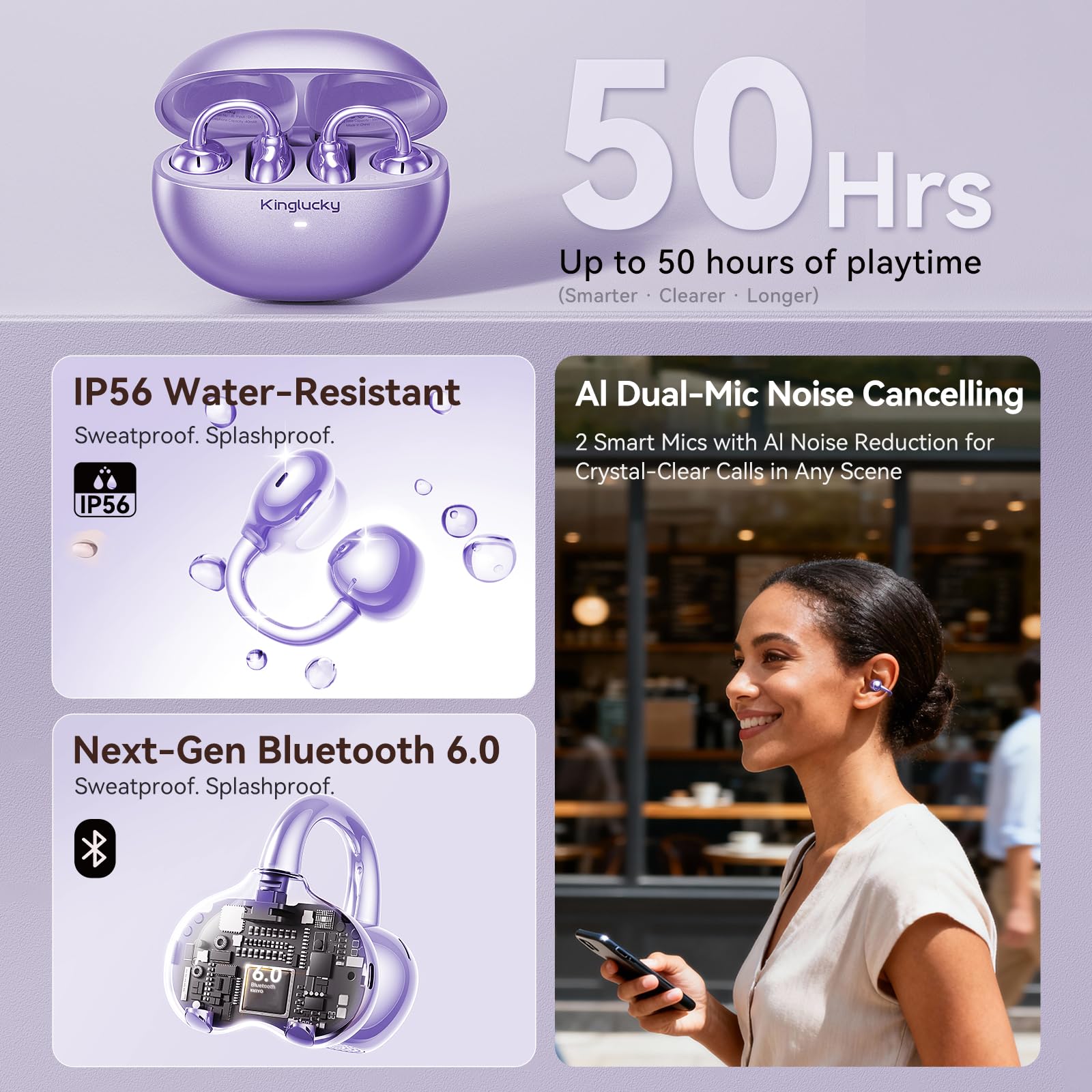 Kinglucky Clip-On Earbuds Bluetooth-6.0 quick pairing