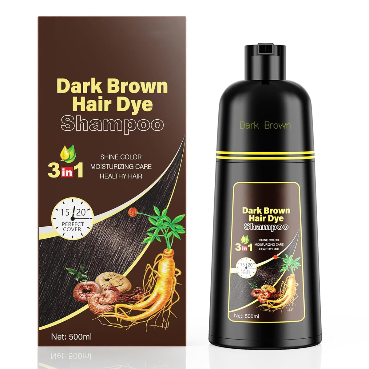 KingMing dark brown 3-in-1 hair dye shampoo bottle ready for at-home gray coverage.