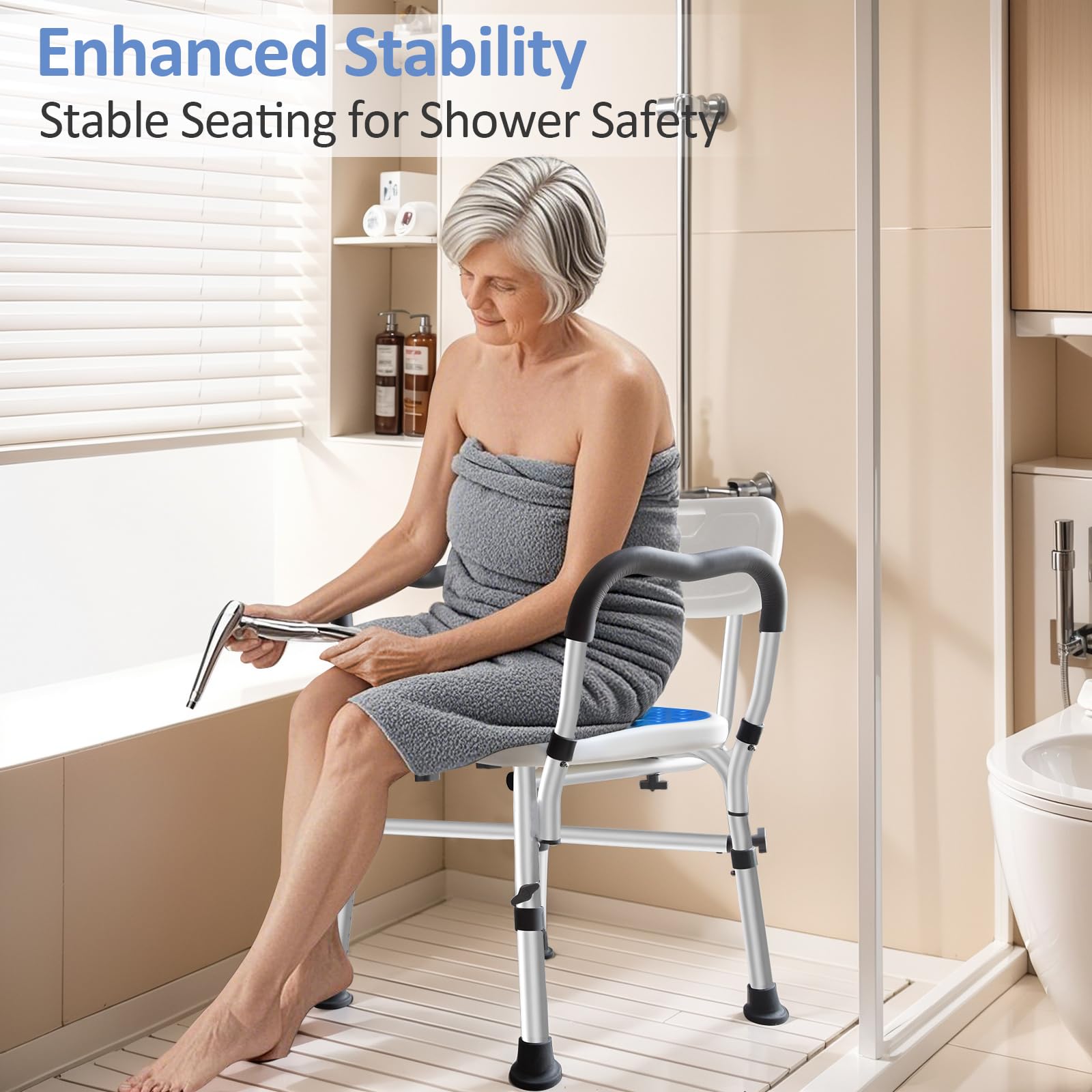 Detachable anti-slip seat pad keeps comfort during bathing.