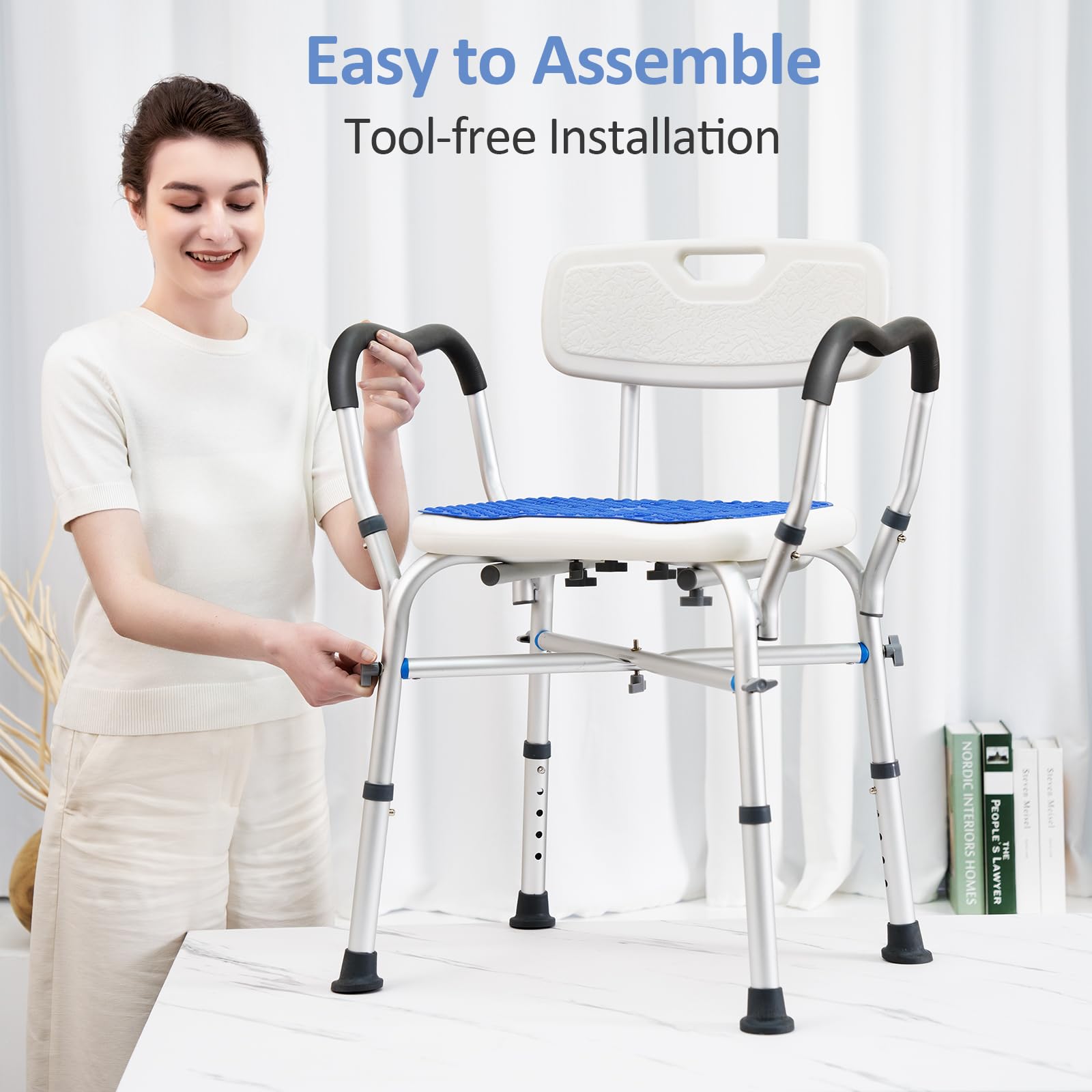 Lightweight, portable design with a wide seat for easy transfers.