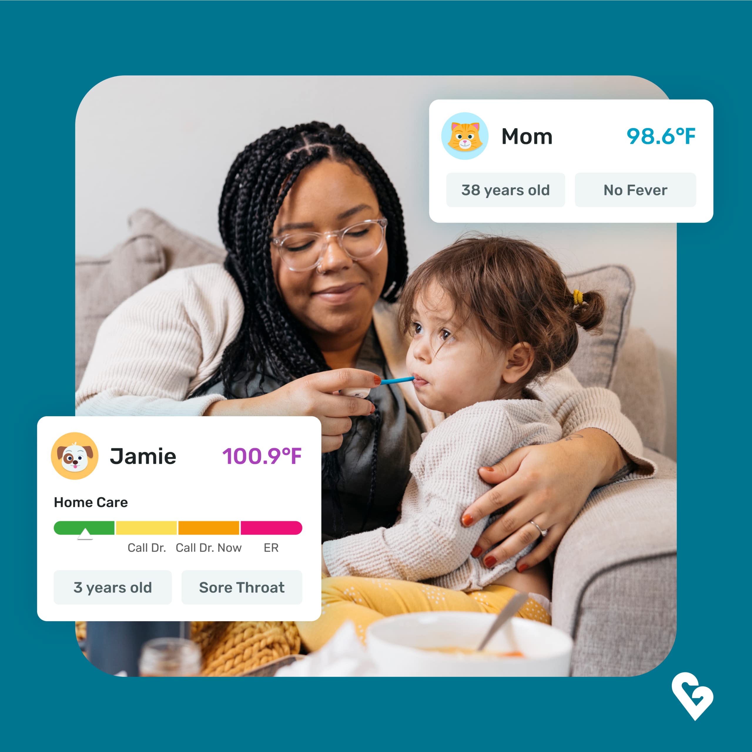 Kinsa QuickCare app screen with fever tracking and reminders