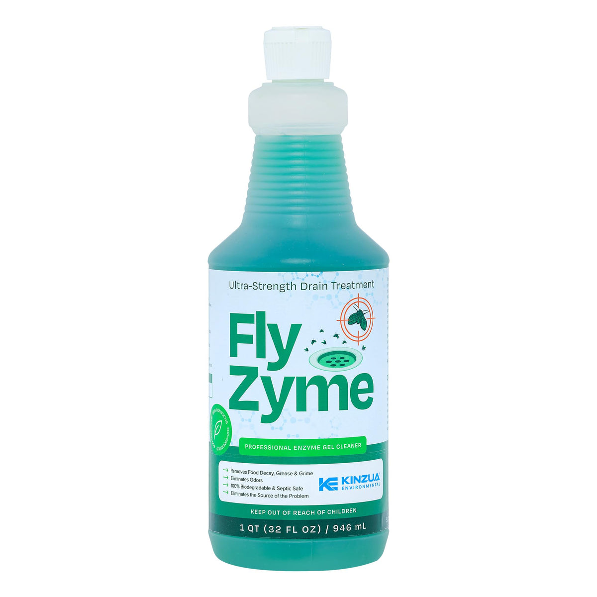 KINZUA ENVIRONMENTAL Fly-Zyme bottle pour for easy drain dosing and odor control.