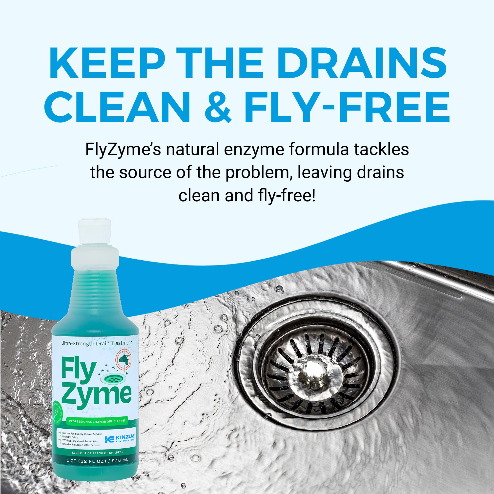 KINZUA ENVIRONMENTAL Fly-Zyme thick gel clings to pipes for targeted cleaning.