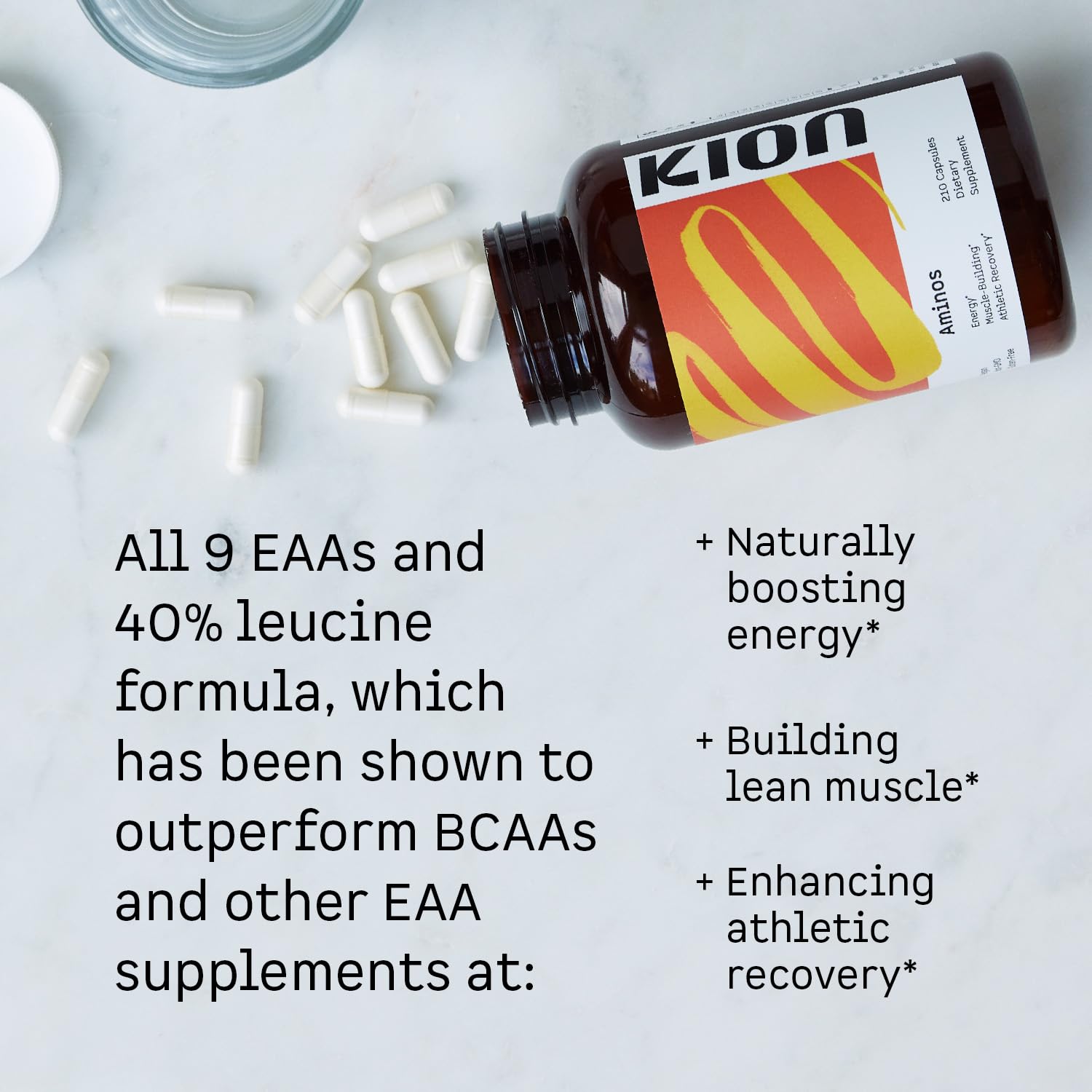 Kion Aminos capsules close-up highlighting the 9 essential amino acids