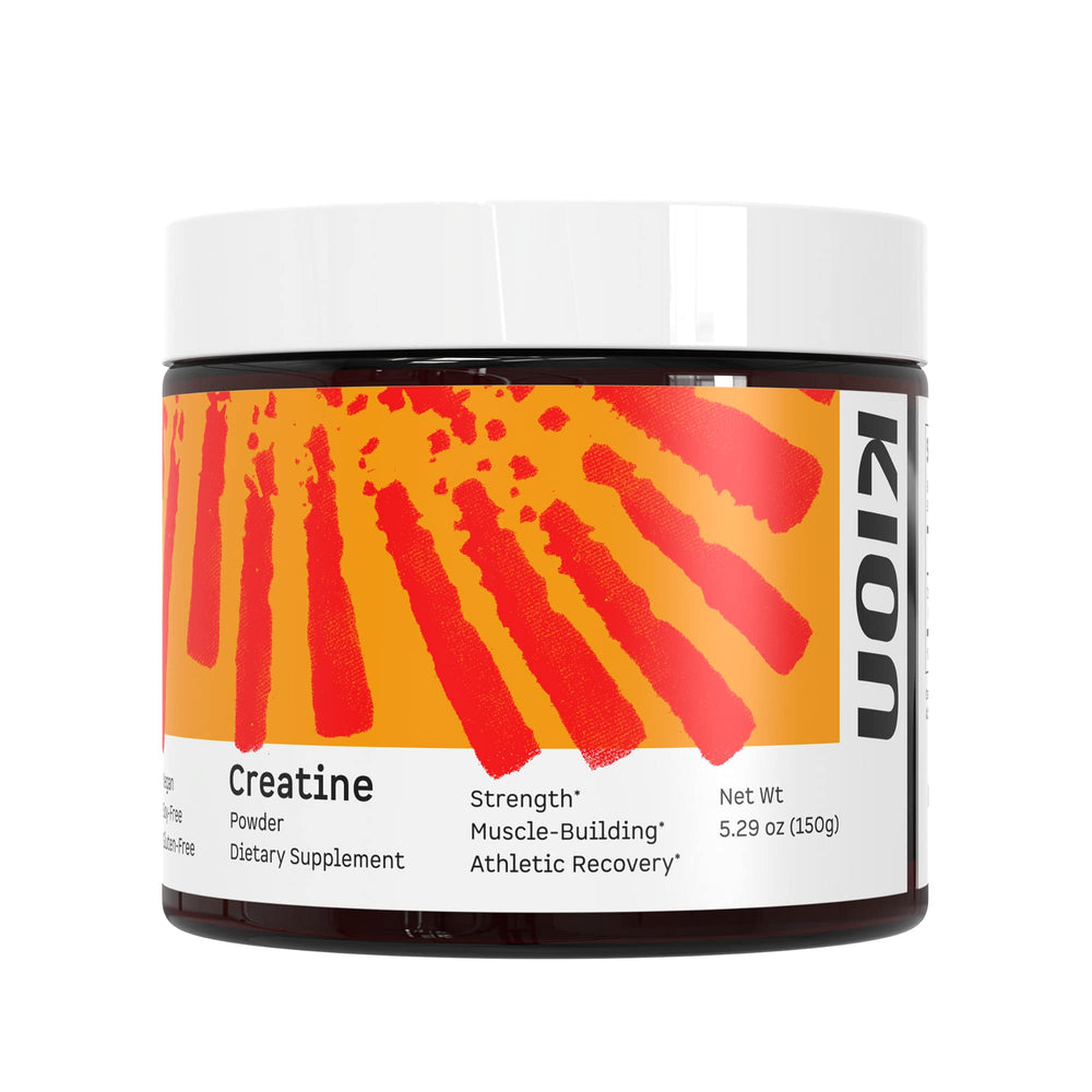 Kion Creatine bottle front with Creapure branding signaling purity for workouts.