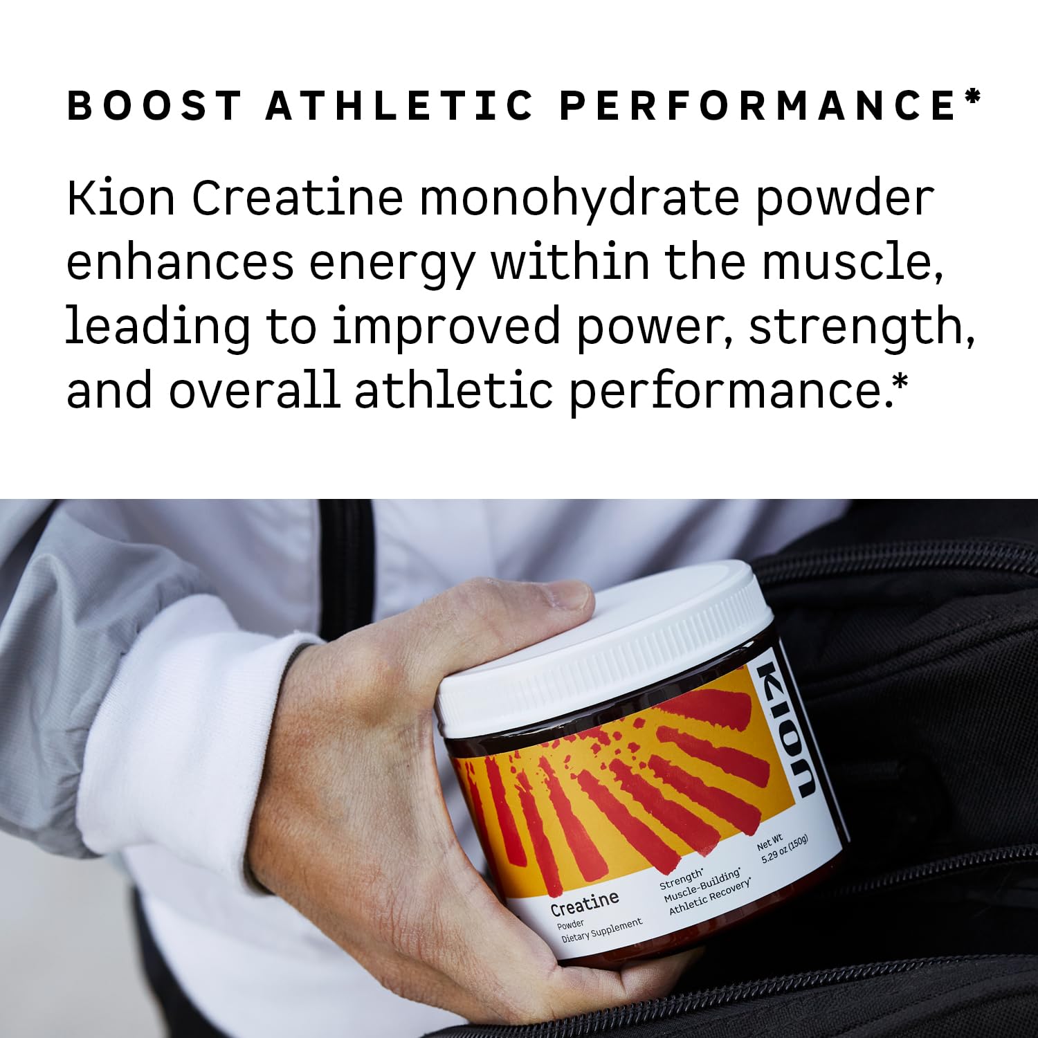 Close-up of Kion Creatine label, highlighting Creapure purity.