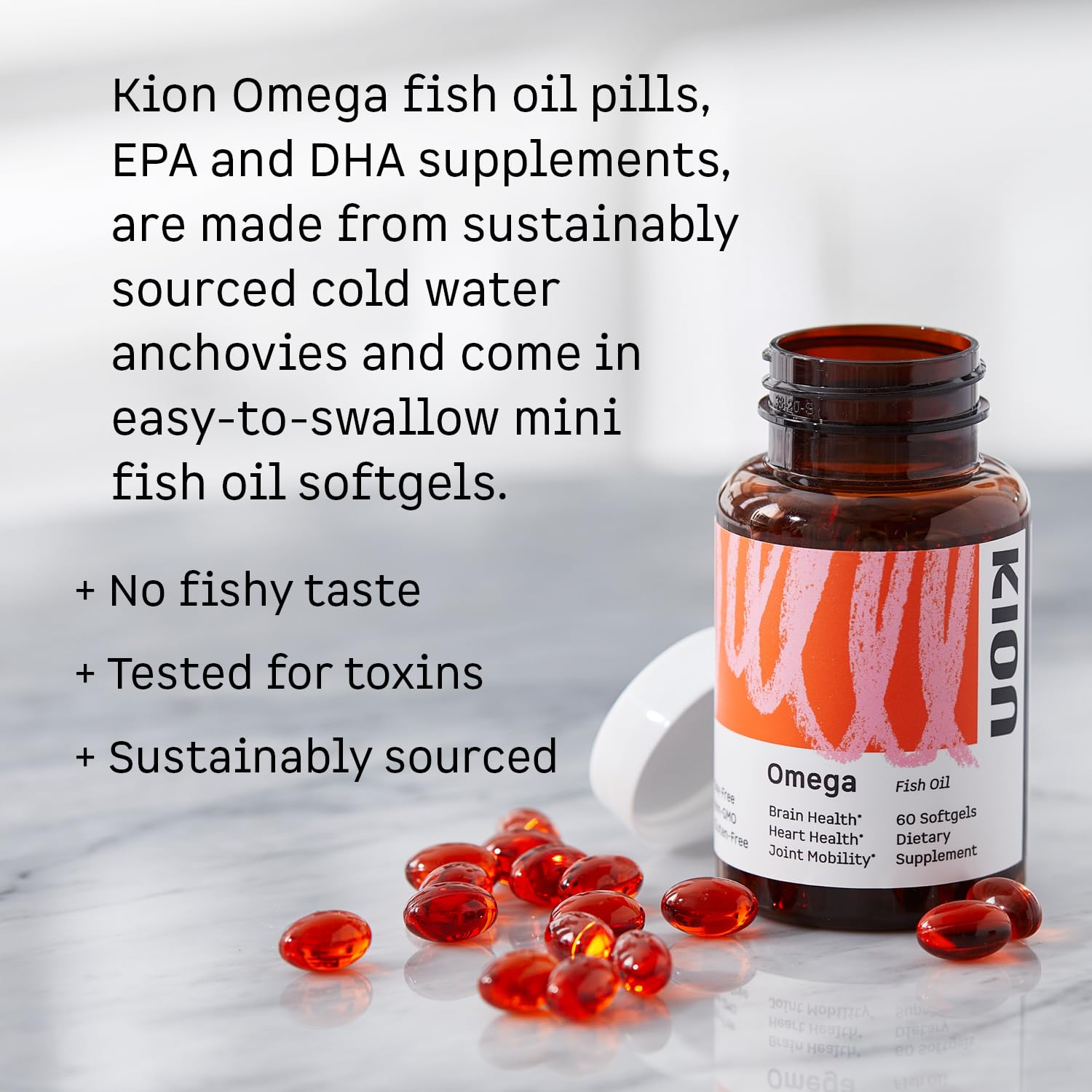 Kion Omega label highlights EPA and DHA amounts for informed daily use.