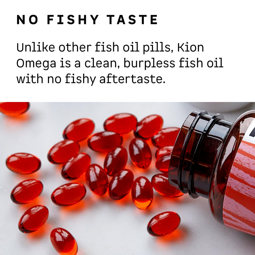 Kion Omega mini softgels pack, easy to swallow for on-the-go routines.