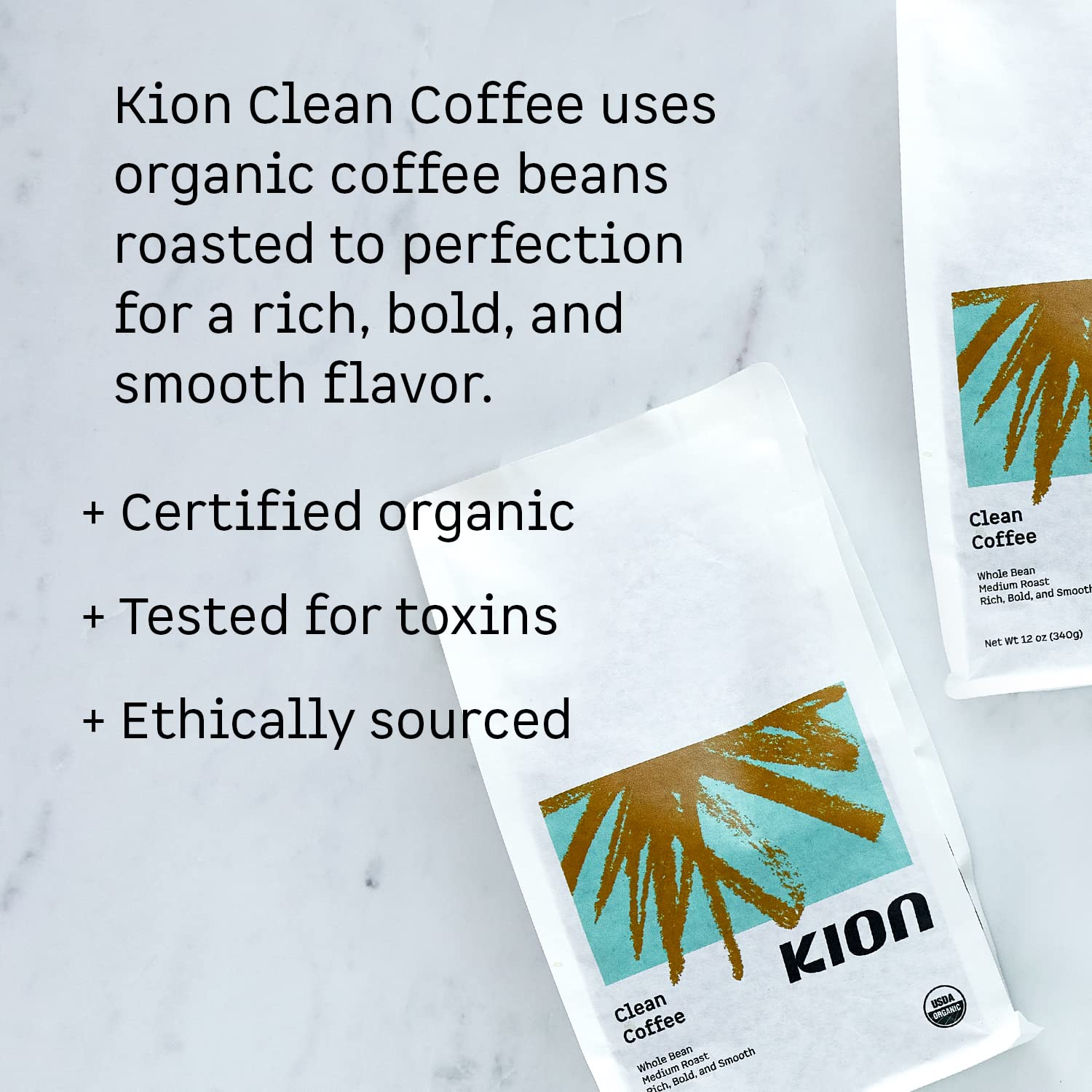 Kion Organic Ground Coffee sealed bags preserve aroma for fresh daily brews.