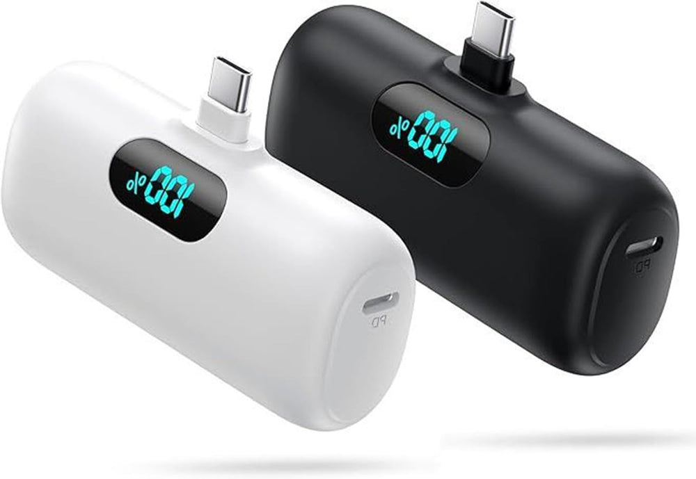 Kioson two-pack 5000mAh portable charger, compatible with iPhone, Samsung, and Android devices.