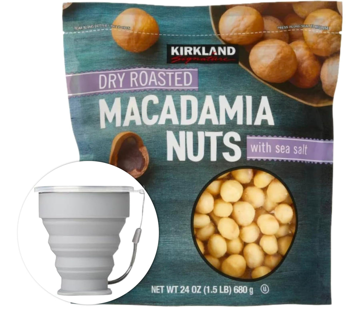 Kirkland Signature Dry Roasted Macadamia Nuts with sea salt, rich butter flavor for a premium snack.