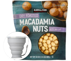 Kirkland Signature Dry Roasted Macadamia Nuts with sea salt, rich butter flavor for a premium snack.