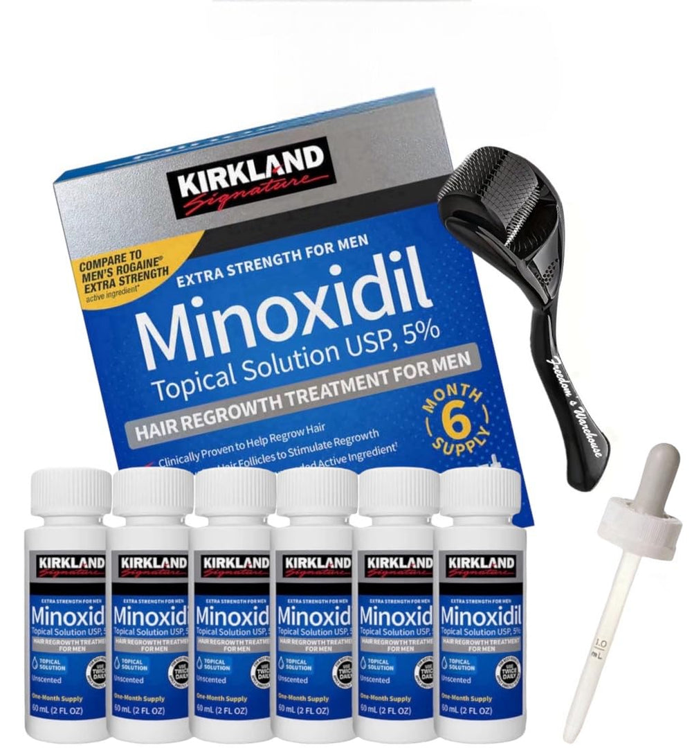 Kirkland Minoxidil 5% bottle pour for precise scalp application