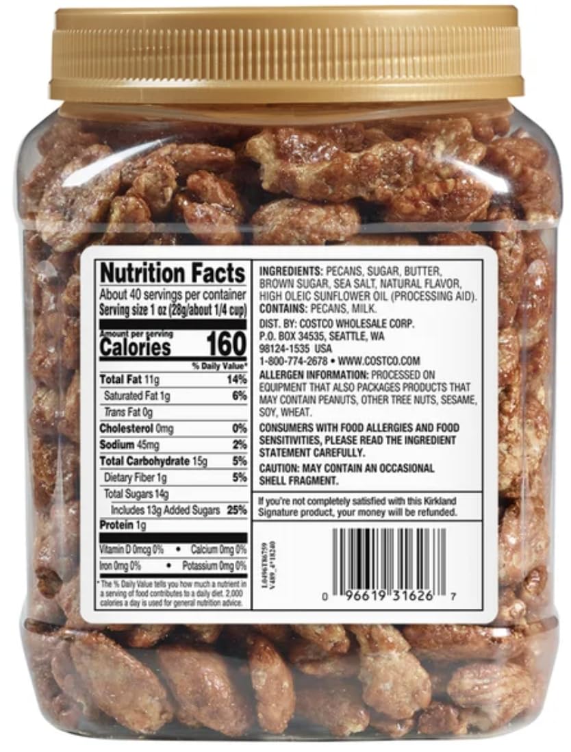 Kirkland praline pecans glaze 2.5 lbs close-up shows glossy coating.