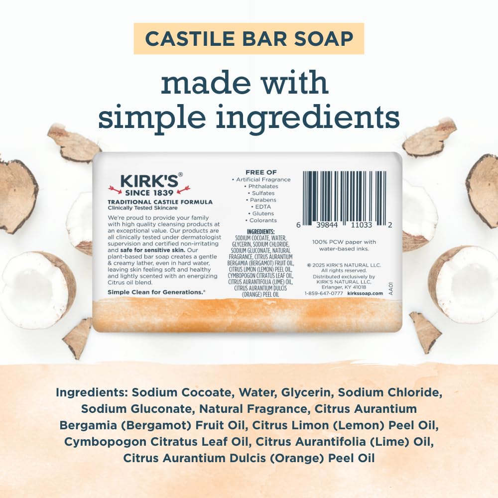 Close-up of foamy lather from Kirks Castile Citrus Twist soap for gentle cleansing.