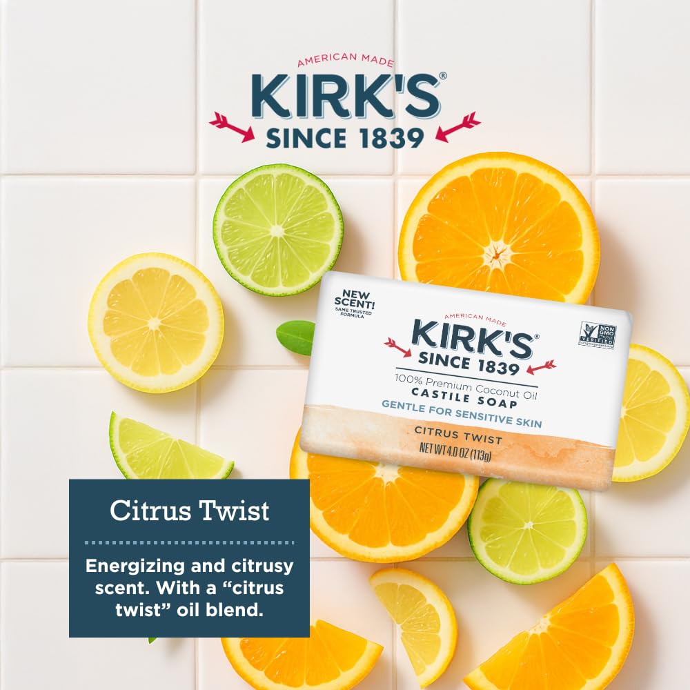 Kirks Castile bar soap—vegan non-GMO formula for clean living.