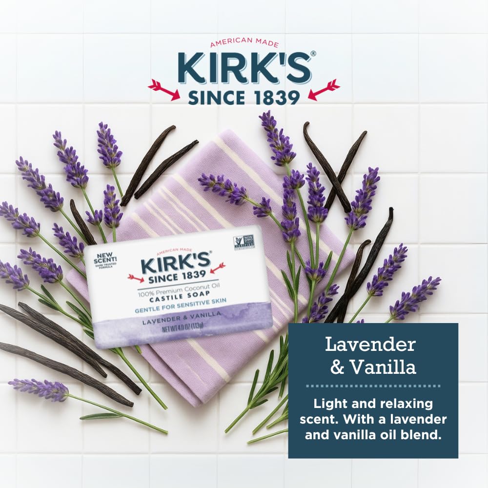 Kirks Castile Soap Coconut Oil Rich Lather bar with moisturizing cleanse.