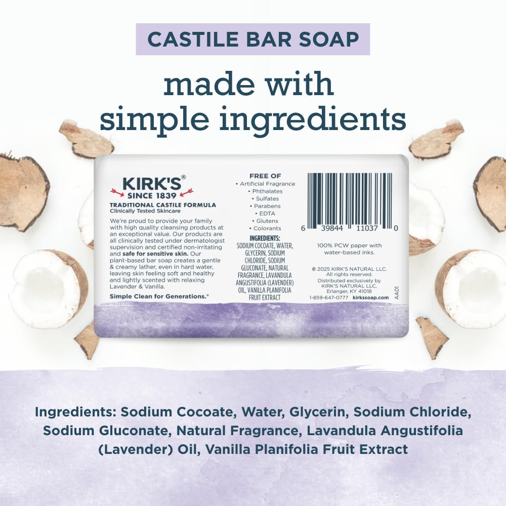 Kirks Castile Soap Lavender Vanilla bar with soothing fragrance for daily use.