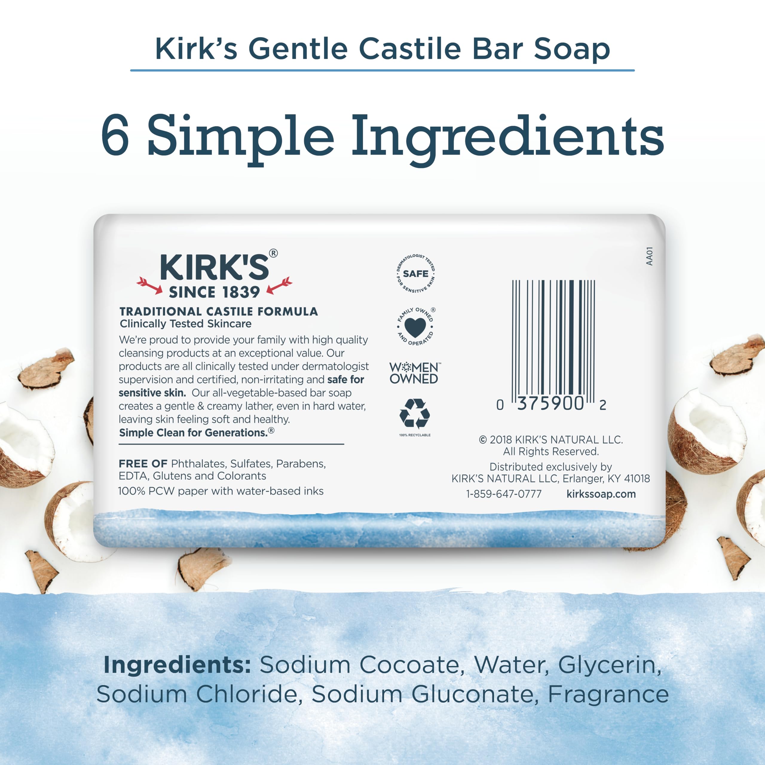 Kirk's Coco Castile Soap bars close-up showing coconut-based formula.