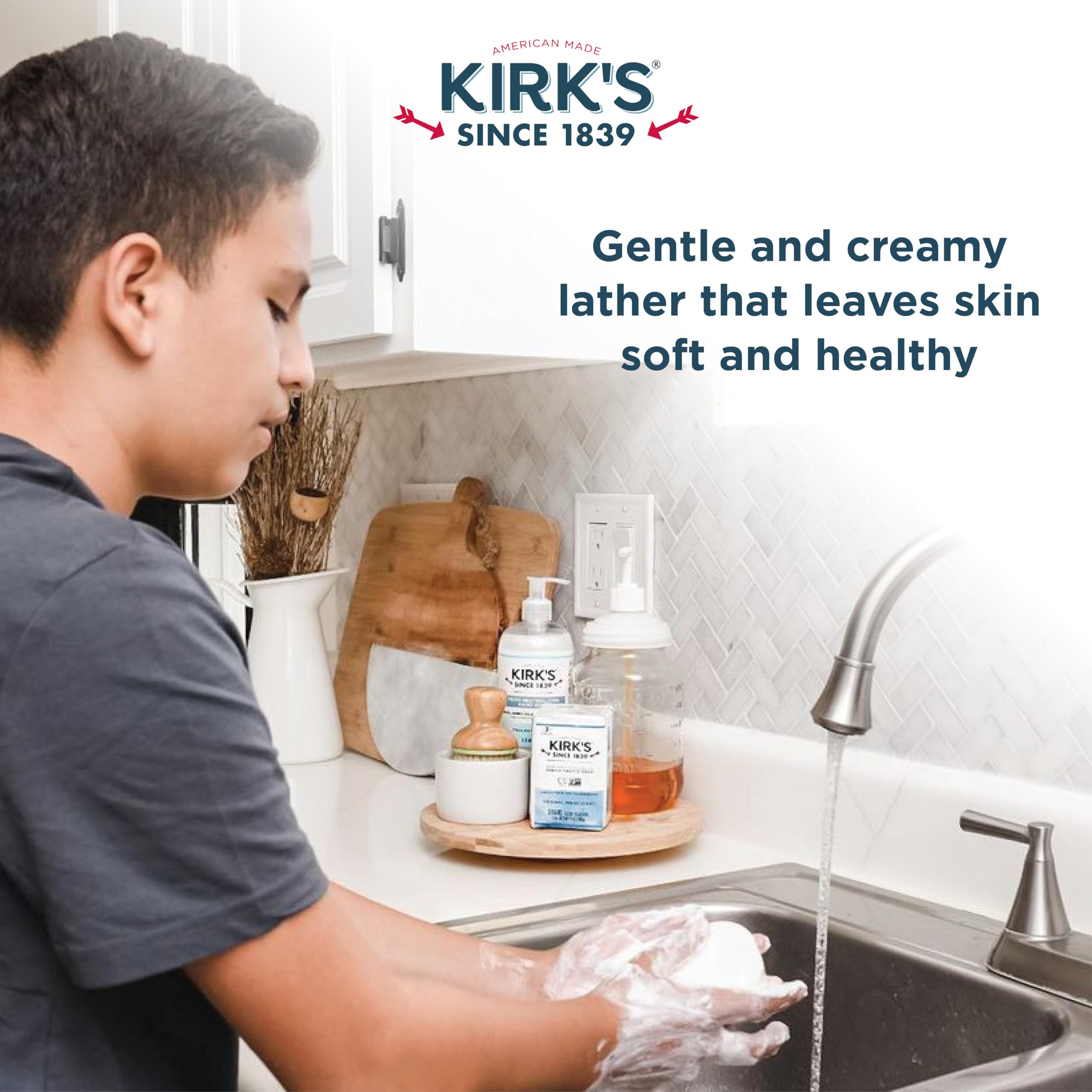 Dishes cleaned with Kirk's Coco Castile Soap in a kitchen setting.