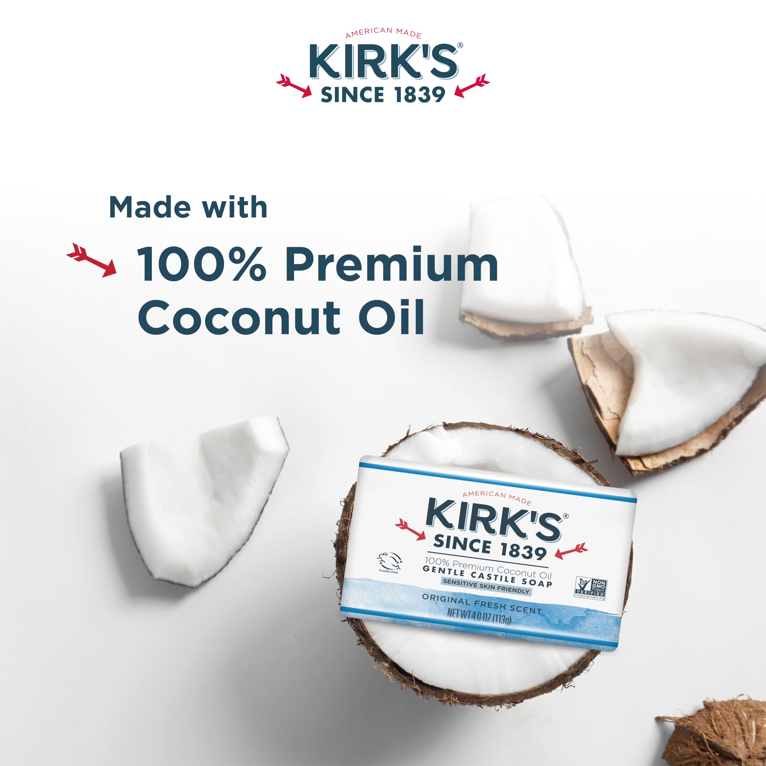 Kirk's Coco Castile Soap label highlights no animal by-products and cruelty-free care.