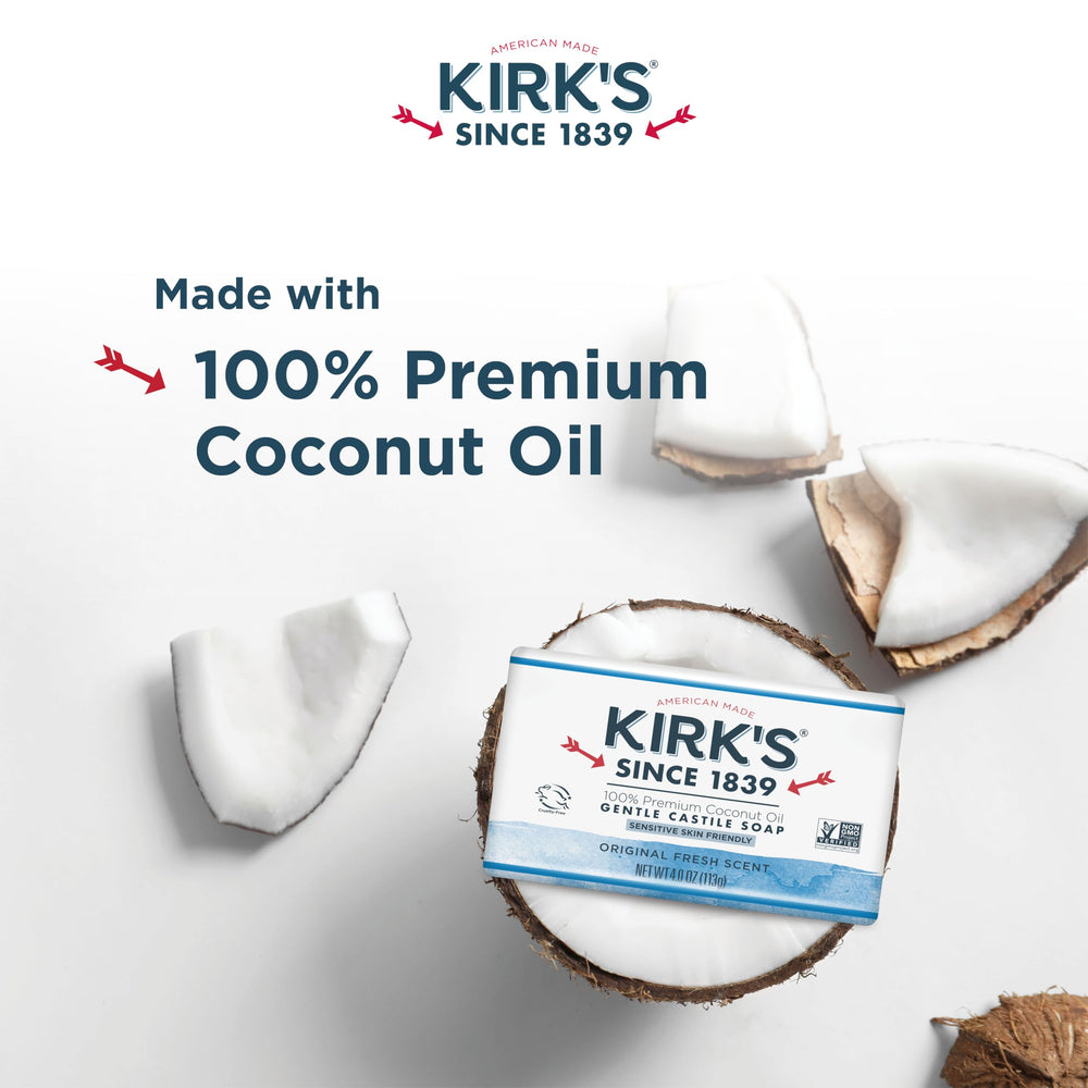Kirk's Coco Castile Soap label highlights no animal by-products and cruelty-free care.