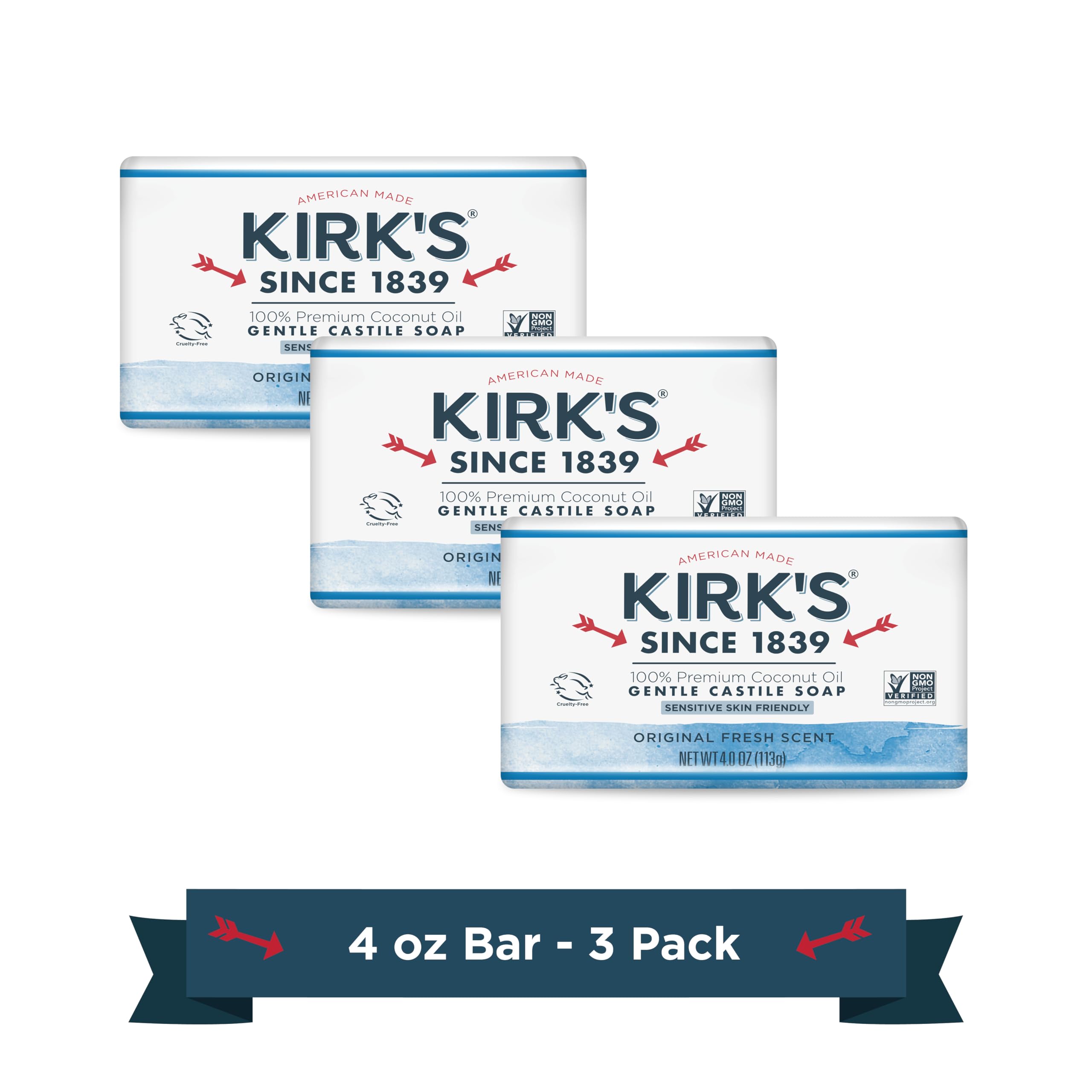 Kirk's Original Coco Castile Soap pack of 3; cruelty-free and biodegradable.