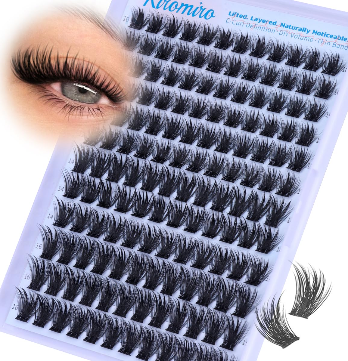 Kiromiro Lash Clusters 10-16mm wispy bundle for natural daily volume.