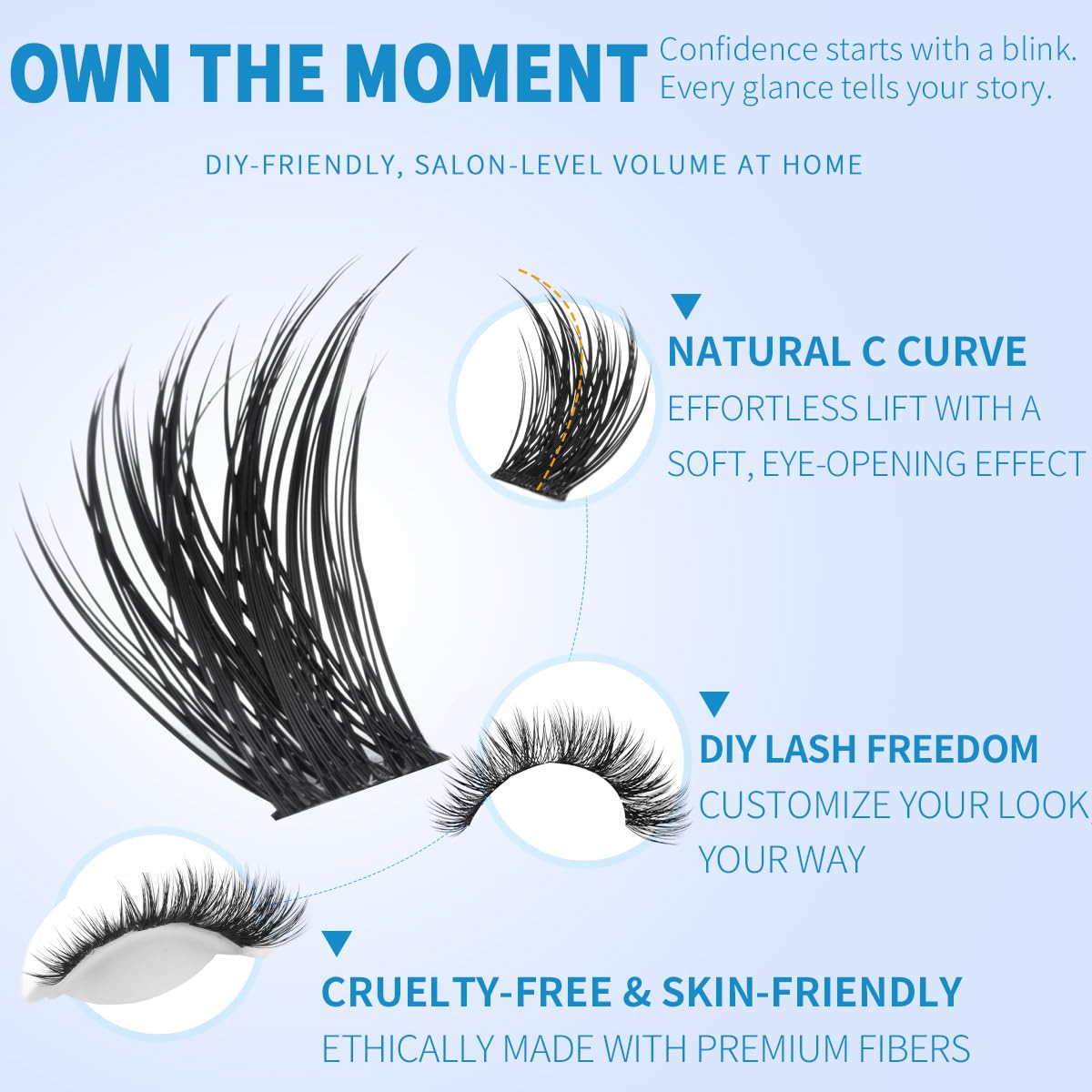 Kiromiro Lash Clusters C curl lifting the eyes for a brighter look.
