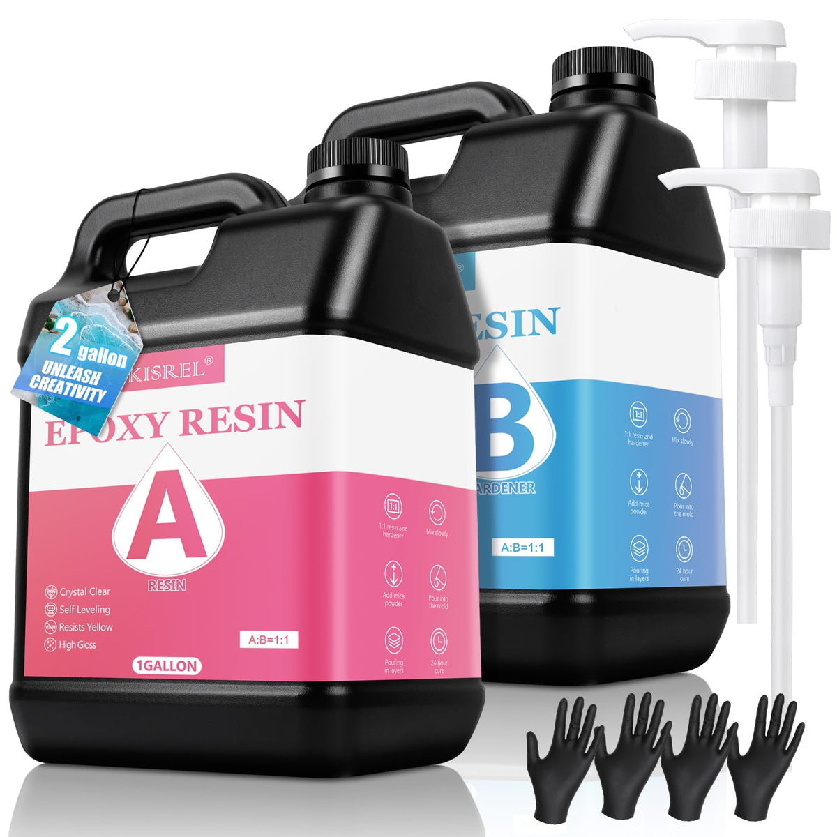 KISREL 2-gallon crystal-clear epoxy resin bottle for pristine art coatings.
