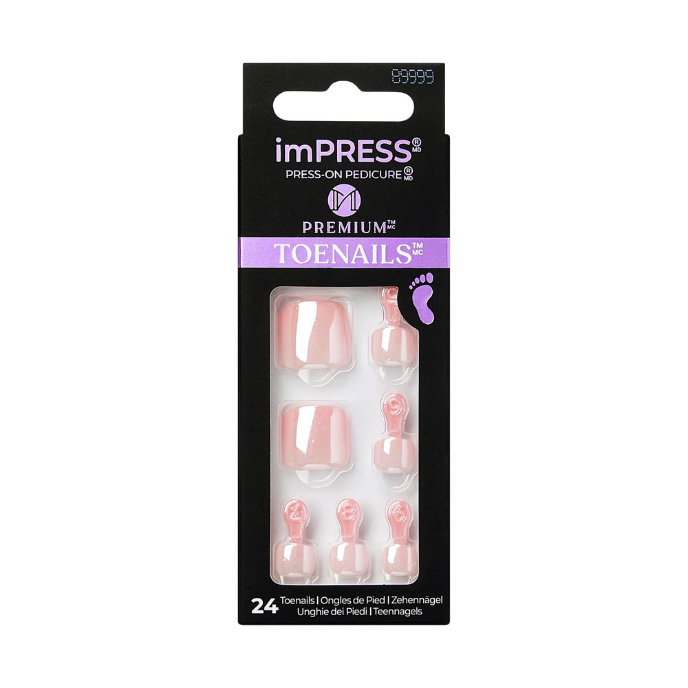 KISS imPRESS glossy pink square nails close-up for long-lasting pedicure