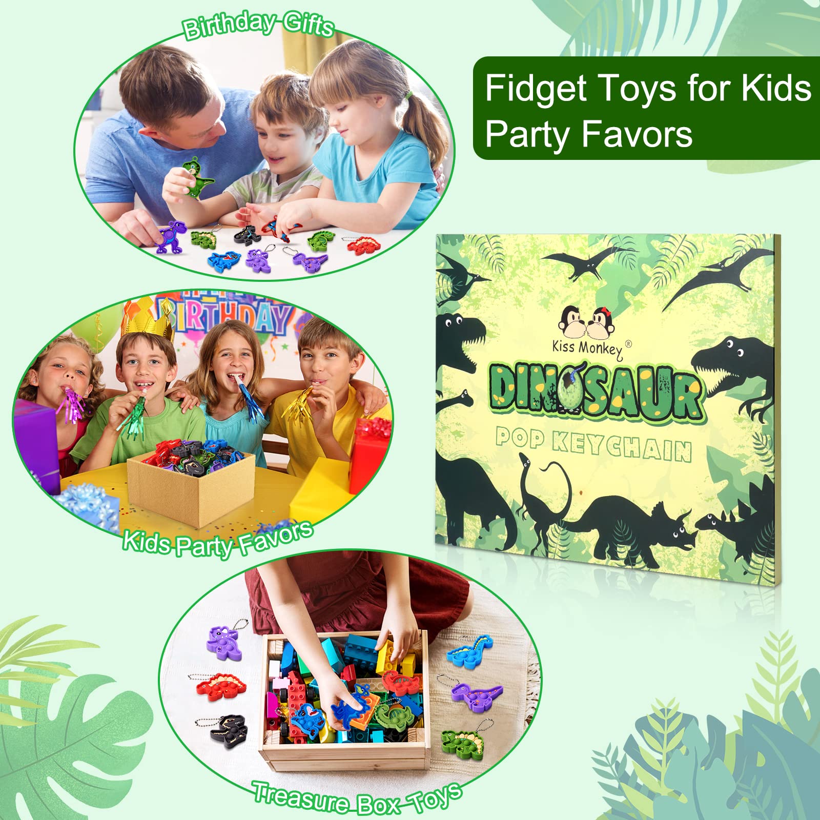 Kiss Monkey pocket-size dino keychain for quick stress relief on the go.