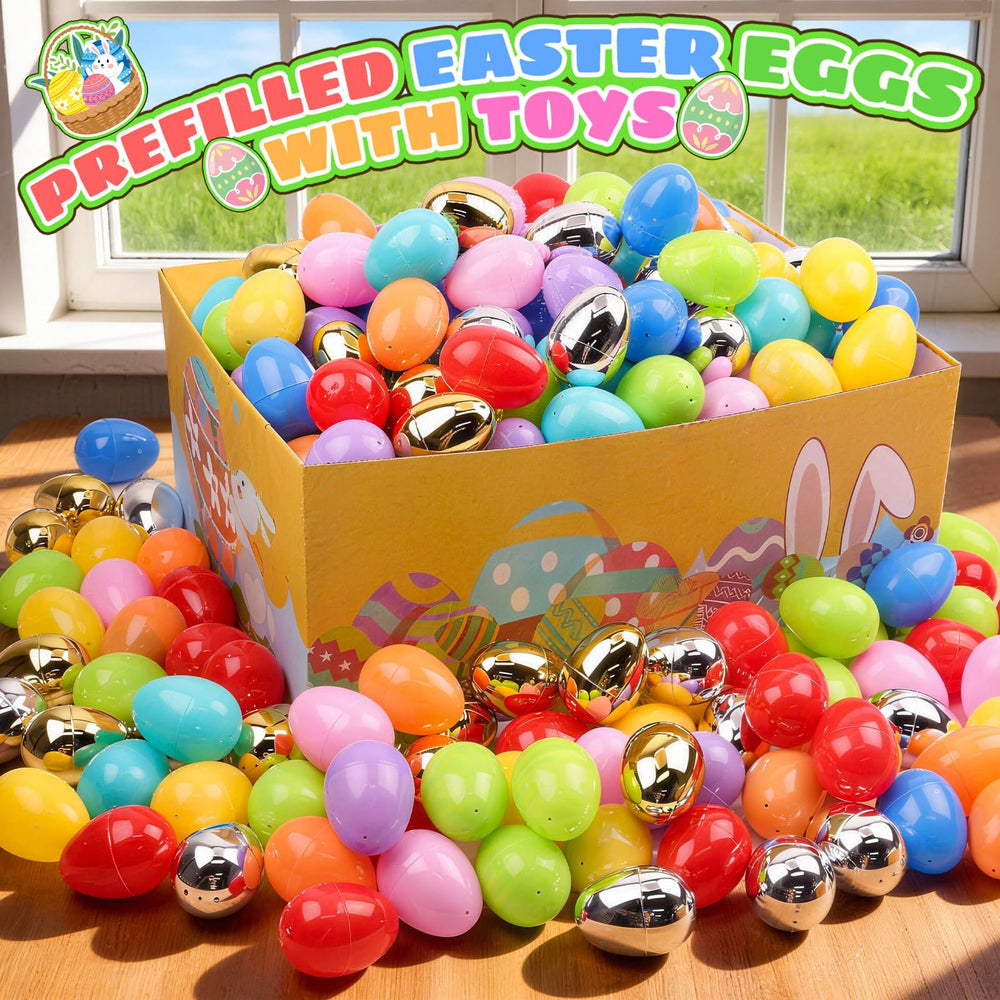 KissFuture 200-piece eggs showcase diverse toys for kids' Easter hunts.
