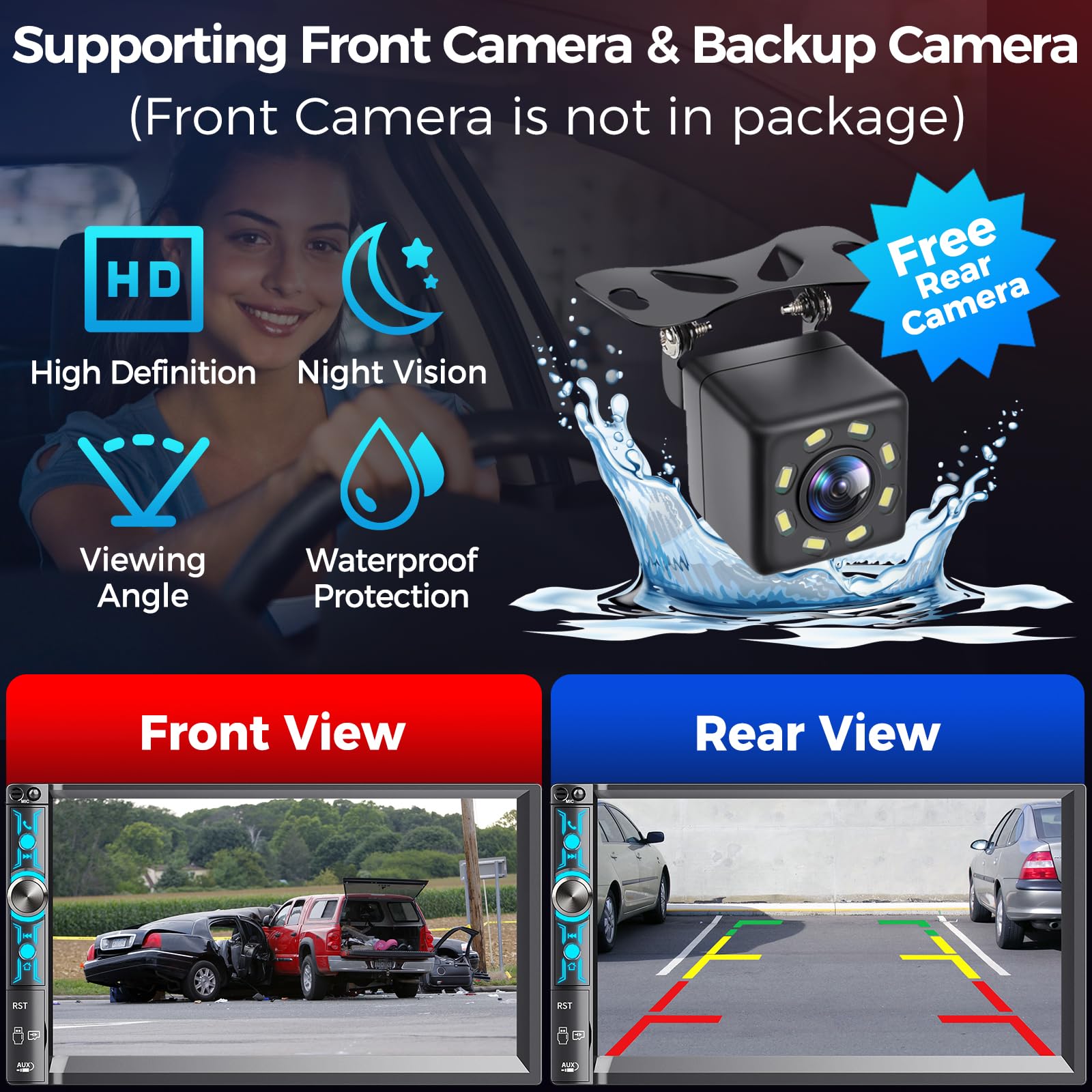 Kissound Mirror Link with dual cameras supports on-screen navigation and safer parking.