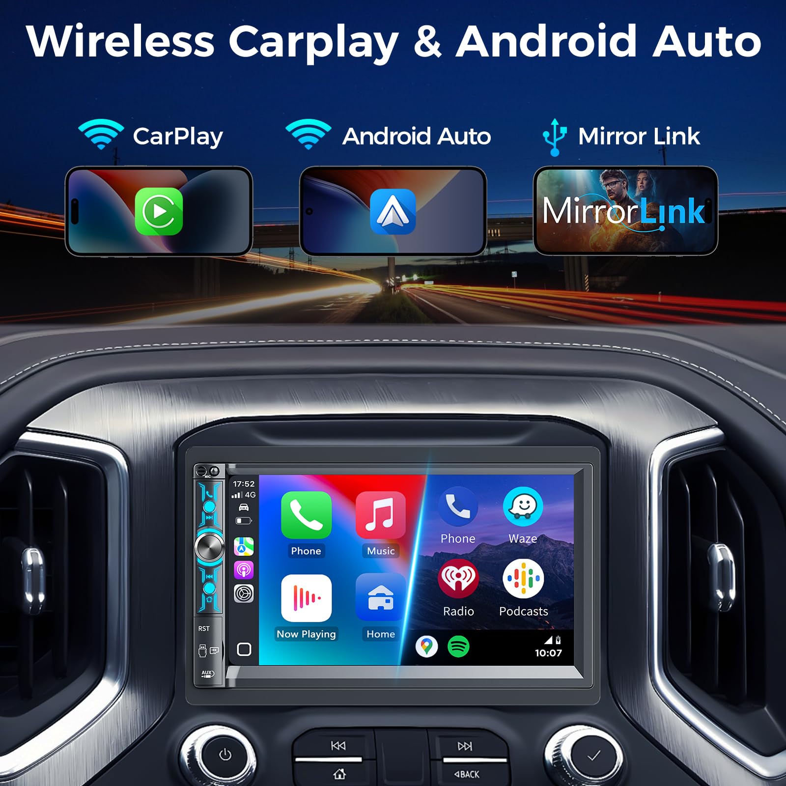 Kissound wireless CarPlay and Android Auto enable hands-free driving and seamless phone integration.