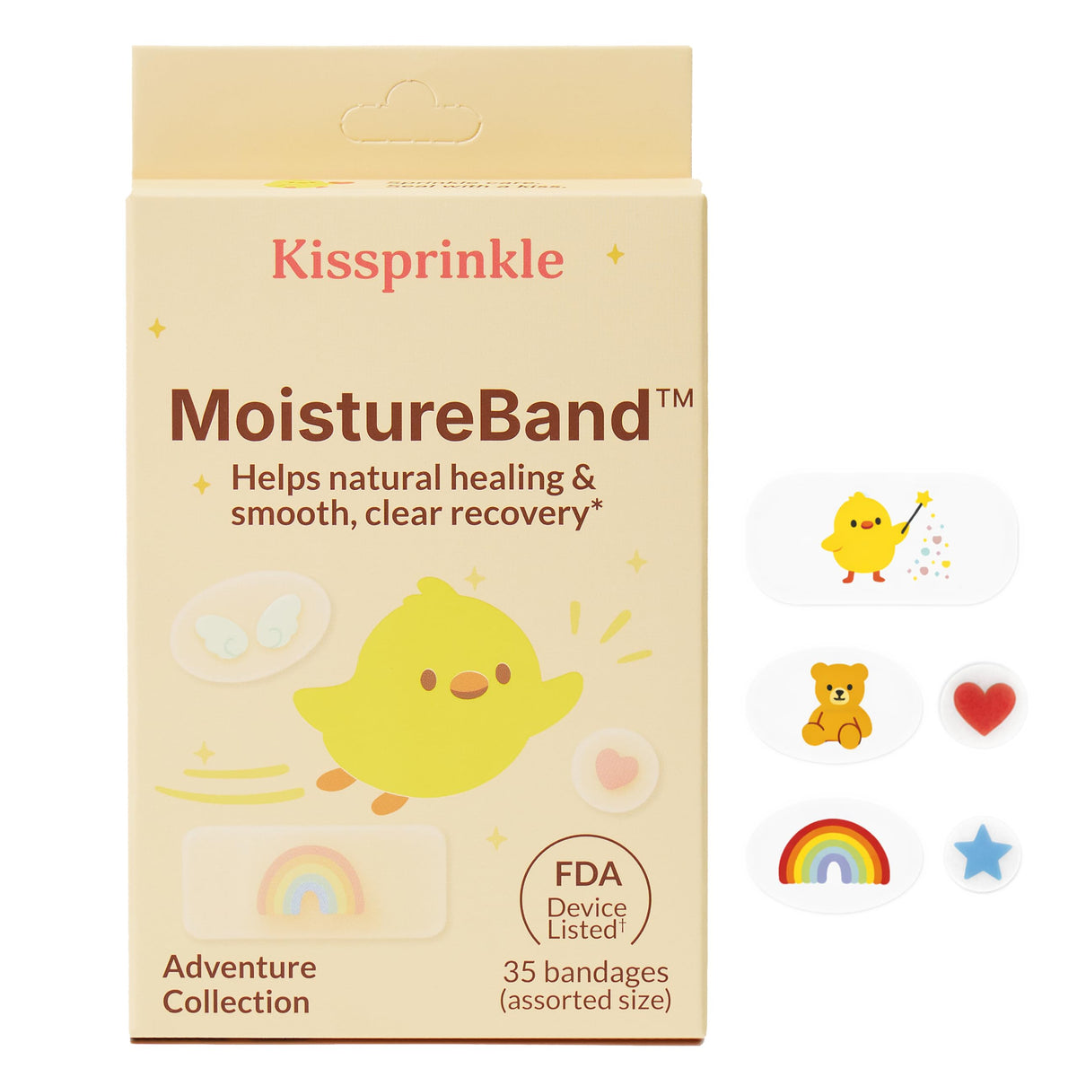 Kissprinkle MoistureBand Adventure packaging showing kid-friendly hydrocolloid bandages for healing