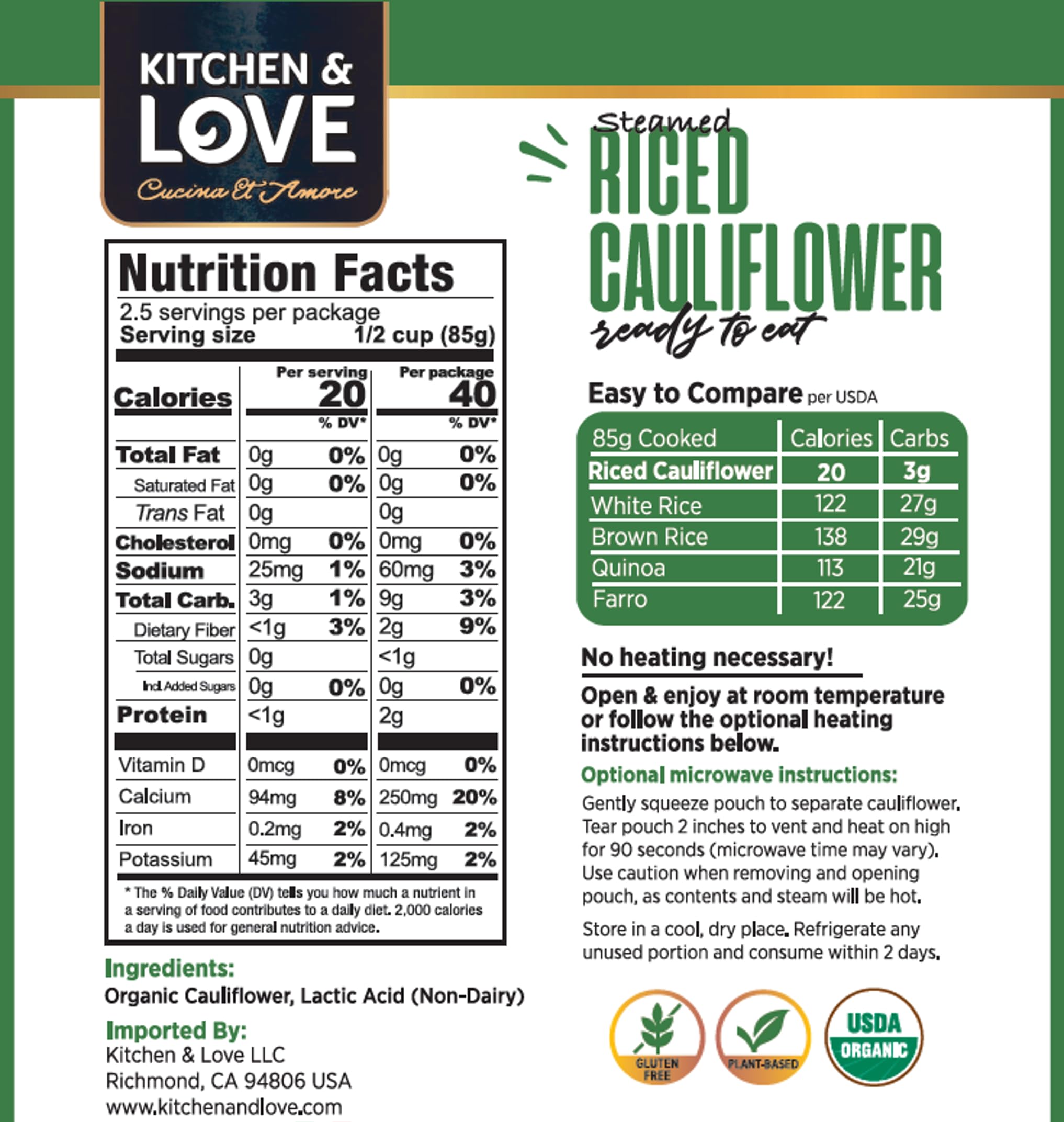 Kitchen & Love riced cauliflower bag showing fluffy texture ideal as a base