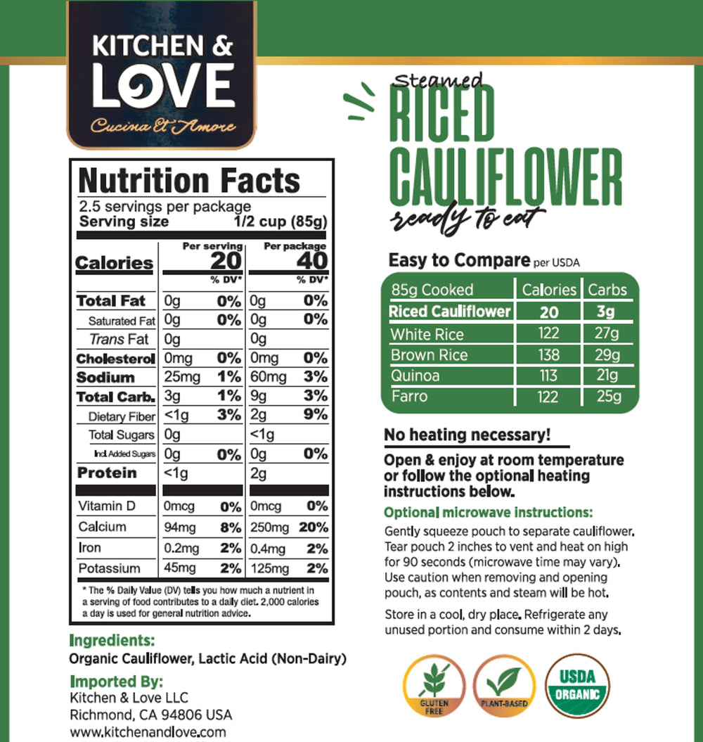 Kitchen & Love riced cauliflower bag showing fluffy texture ideal as a base