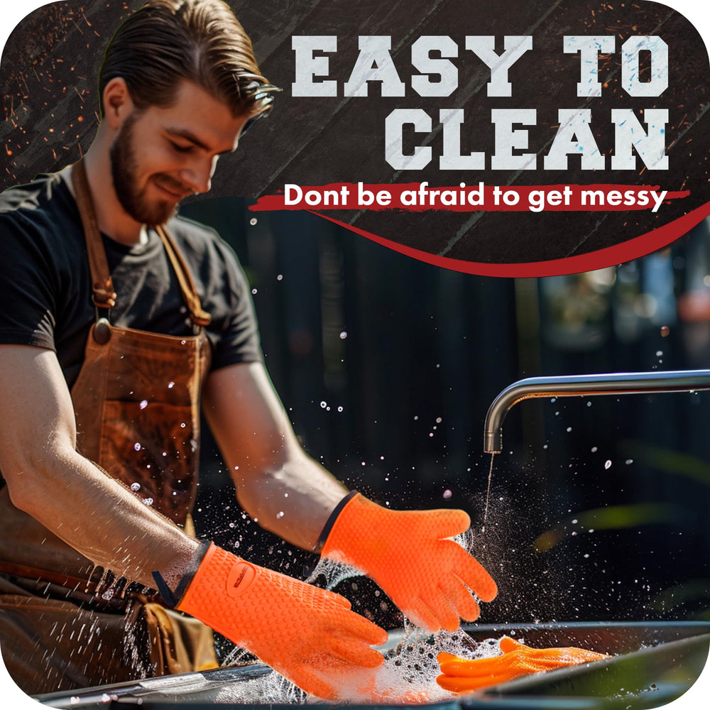 Kitchen Perfection heavy-duty gloves for pit-style grilling and outdoor cooking.