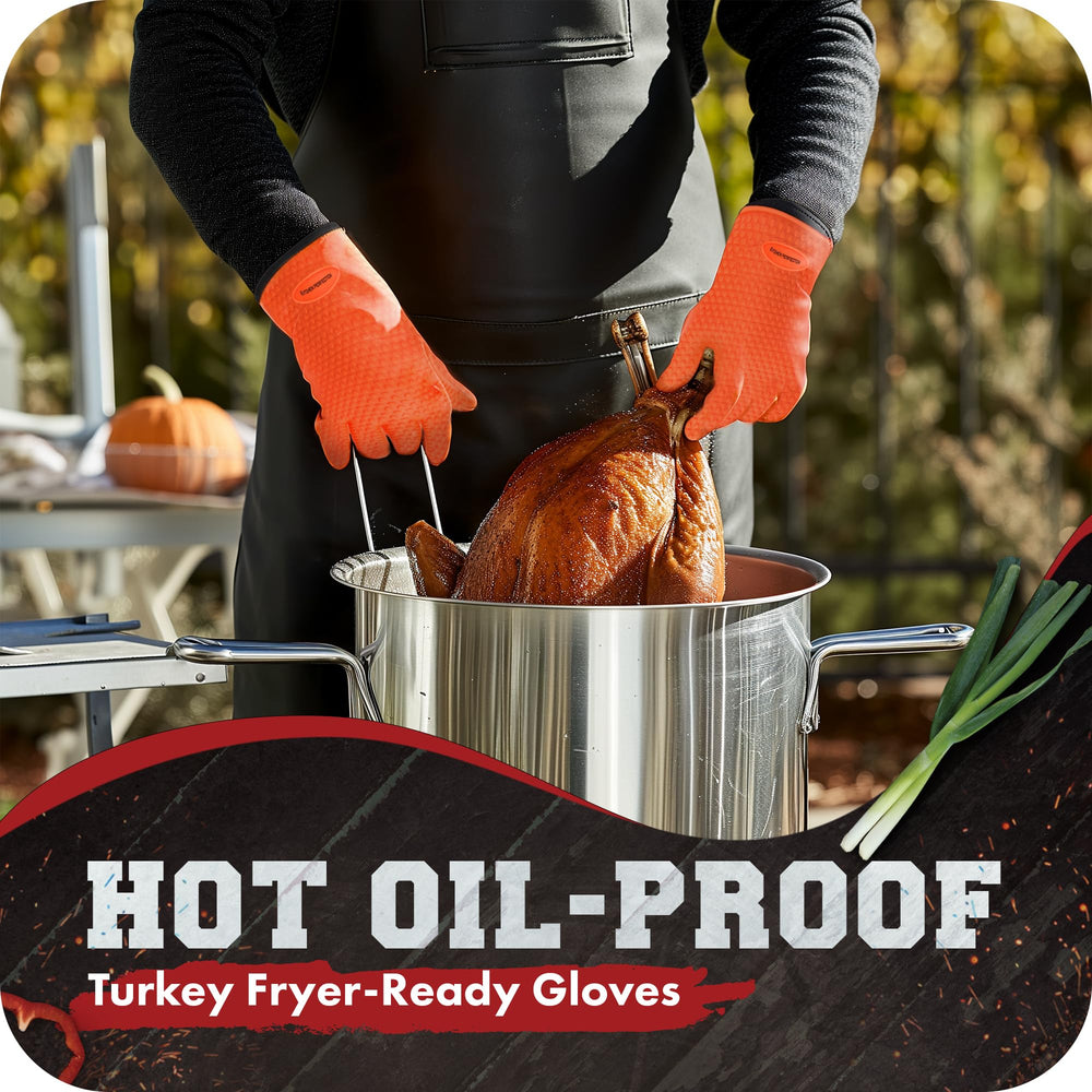 Kitchen Perfection non-slip grip gloves help maintain secure handling of hot food.