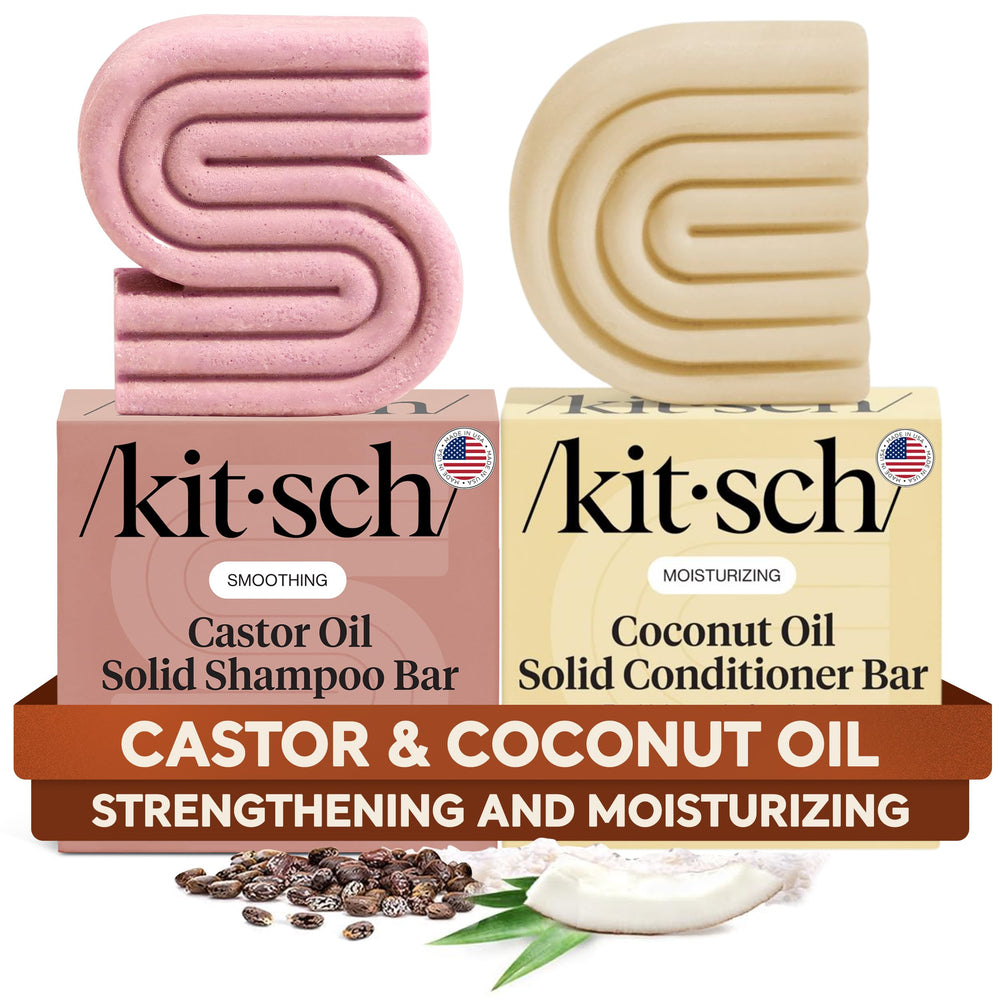 Kitsch castor oil shampoo bar close-up showing rich texture for scalp nourishment and smoother hair.