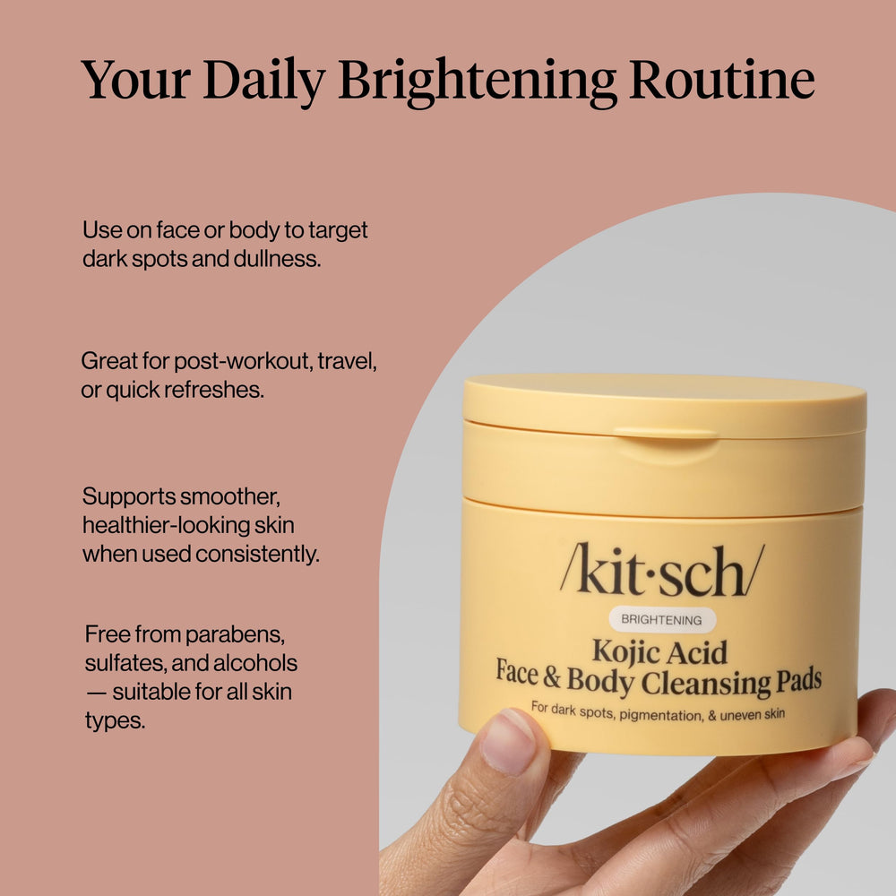 Kitsch Kojic Acid Cleansing Pads on bathroom shelf for daily ritual.