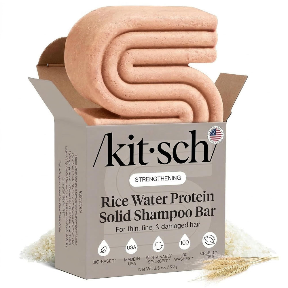Kitsch rice water shampoo bar packaging highlights eco-friendly travel-ready design