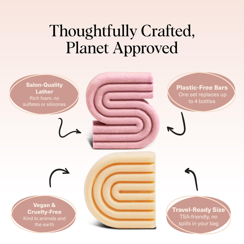 Kitsch shampoo and conditioner bar set on display with eco-friendly packaging for sustainable hair care.