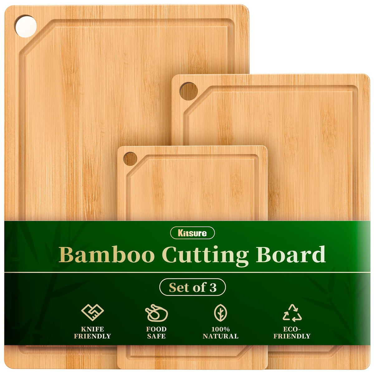 Kitsure bamboo cutting boards set, top view, ideal for organized meal prep.