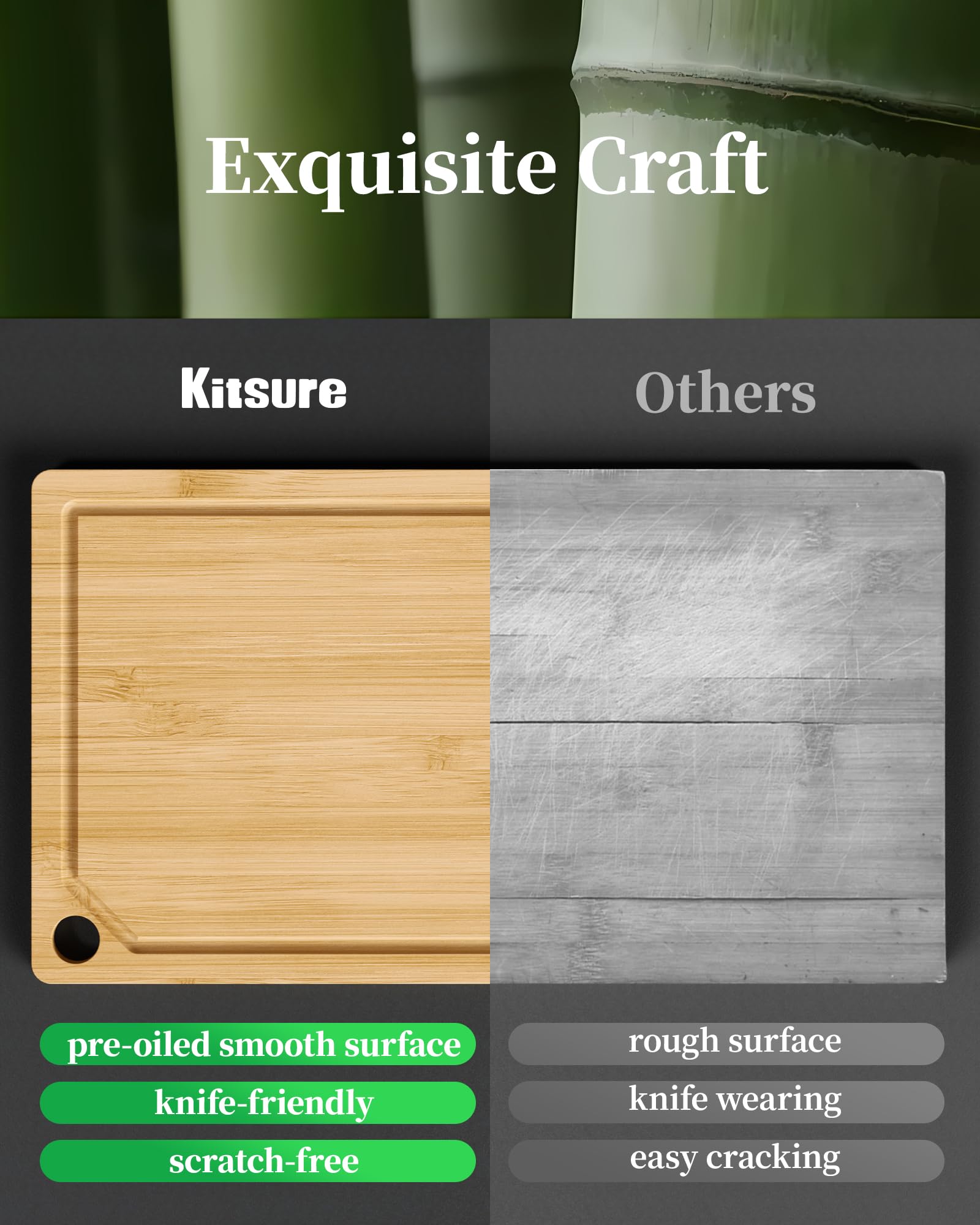 Kitsure natural bamboo surface resists moisture for quick cleanup.